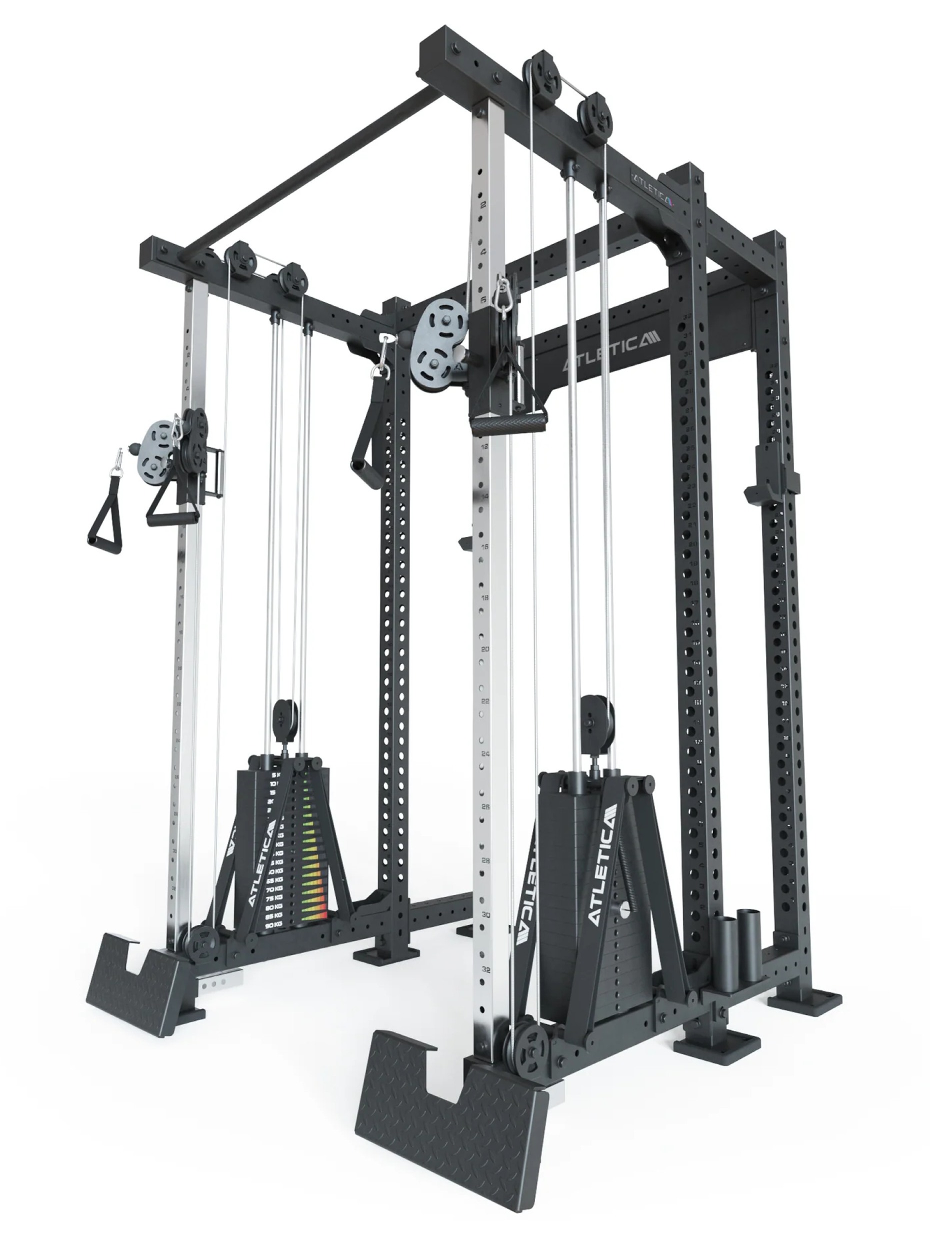 Full Rack R8-Duality Pro Shallow: Half Rack 42 cm Käfigtiefe | Doppelter Kabelzug | 2x90 kg Steckgewicht | Pull-Up Bar, J-Cups, Logo Plate, Bar Holder