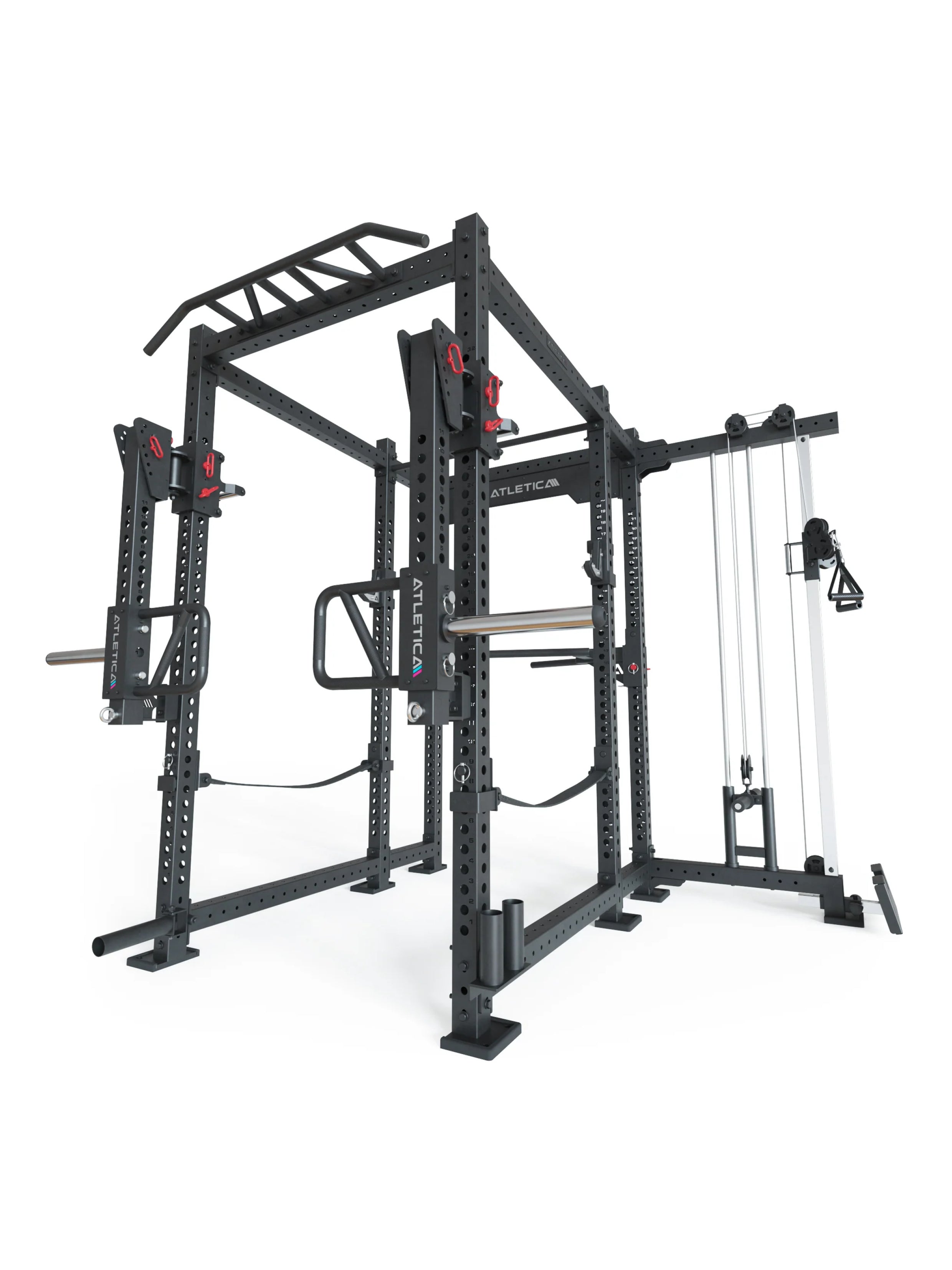 Power Rack R8-Sentinel: Plate Loaded Cable Rack mit Jammer Arms, J-Hooks, Safety Straps, Dip-Station, Logo Plate, 2 Pull-Up Bars, Landmine & Bar Holder