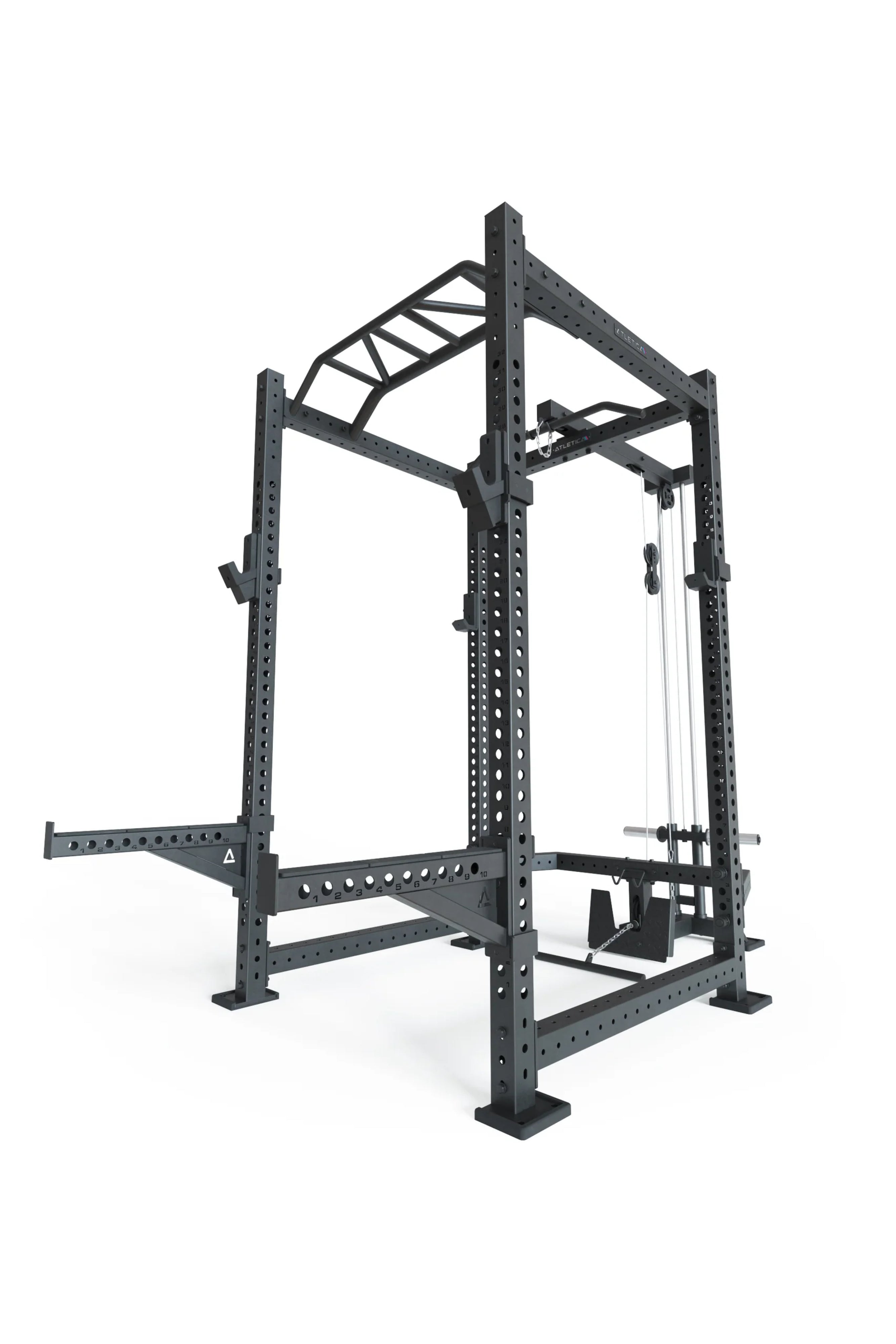 Power Cage R8-Blade: Full Rack mit Latzug | Multi-Grip Bar, Spotter Arms, 4 J-Hooks | 226 cm Höhe | Next Level Squat Rack | 123x211 cm Grundfläche | 213 kg schwer | Erweiterbar