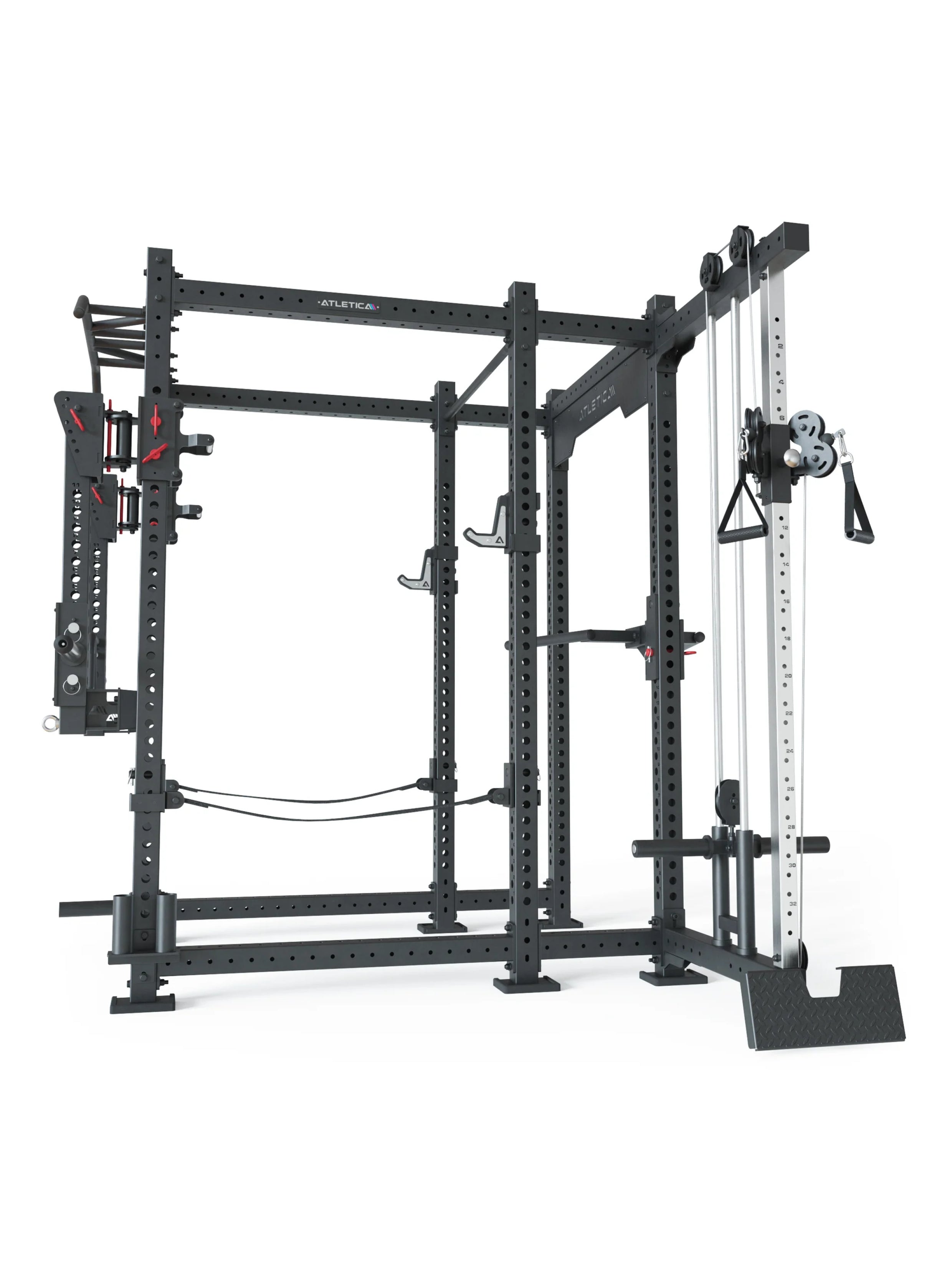 Power Cage R8-Sentinel: Plate Loaded Cable Rack mit Jammer Arms, J-Hooks, Safety Straps, Dip-Station, Logo Plate, 2 Pull-Up Bars, Landmine & Bar Holder