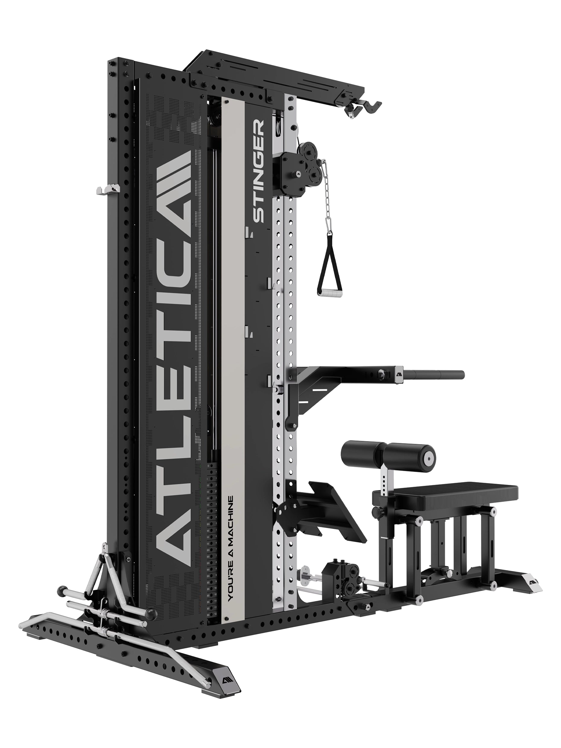 Functional Trainer und Lat- und Ruderzugturm in einem kompakten Gerät: optional erweiterbar zur Belt Squat- und Dip-Station