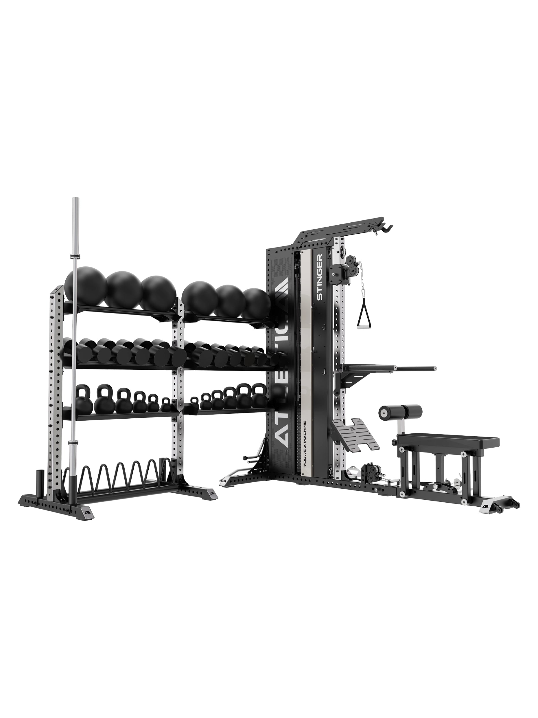 Atletica Stinger Functional Trainer mit zwei Lagerregale für Kurzhanteln und Gewichte