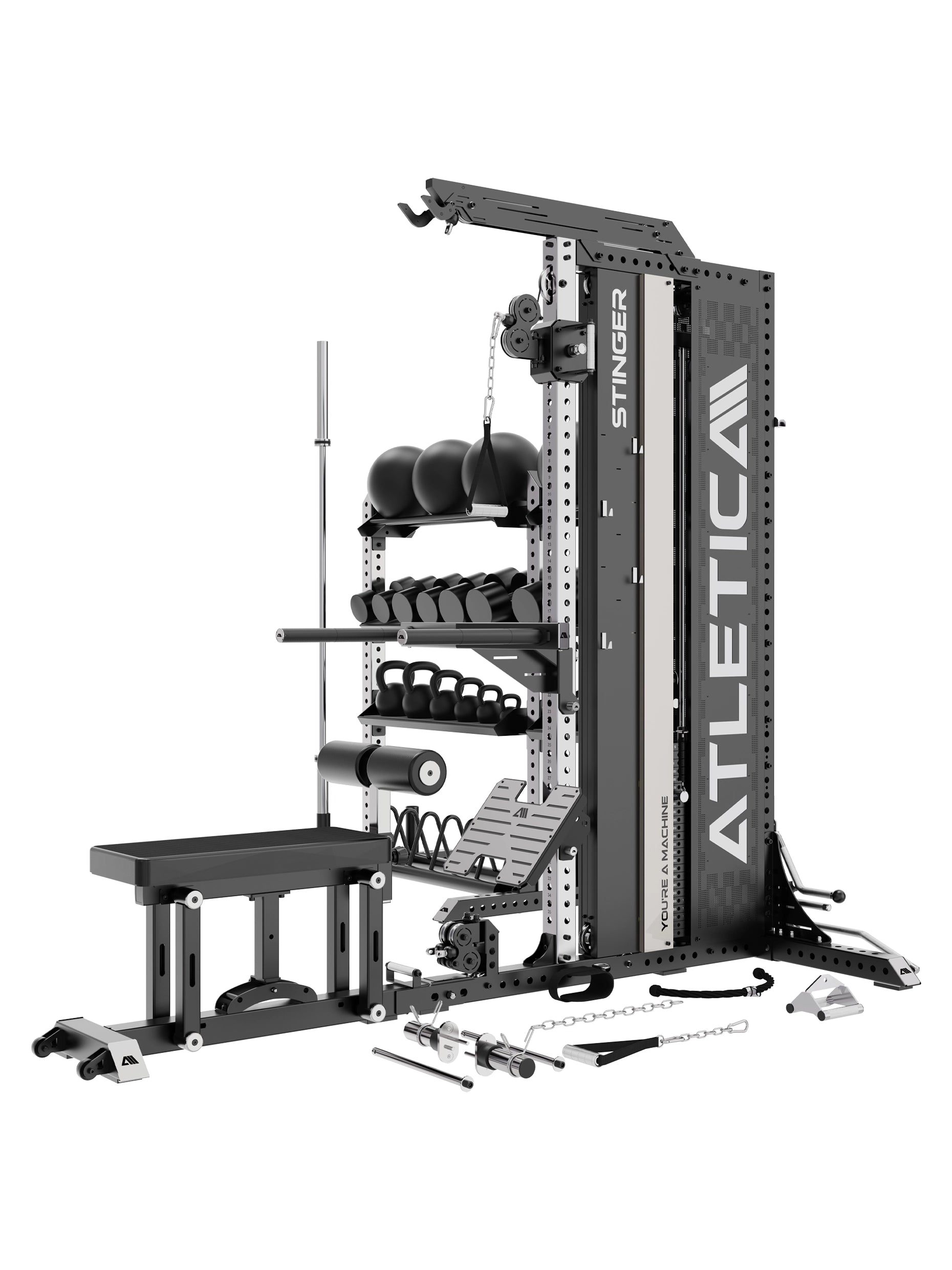 Stinger Functional Trainer mit Lagerregal, Latzug- und Ruderstation, Squat Belt und Dip Station