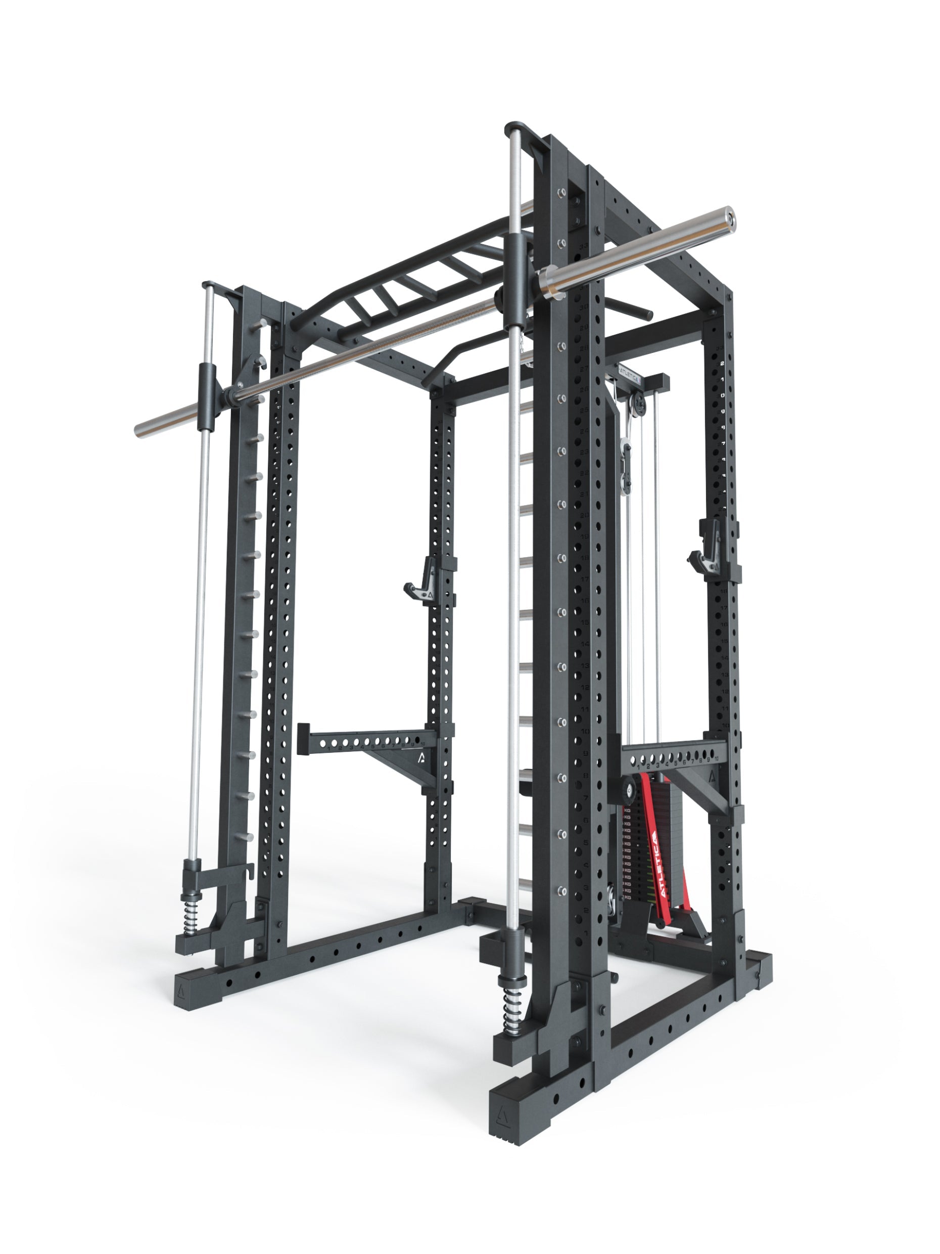 Power Rack R7-Daemon: Squat Rack mit Latzug und Smith Machine | Smith kann optional vorne oder hinten angebracht werden | Integrierter Langhantel | in zwei Höhen verfügbar,