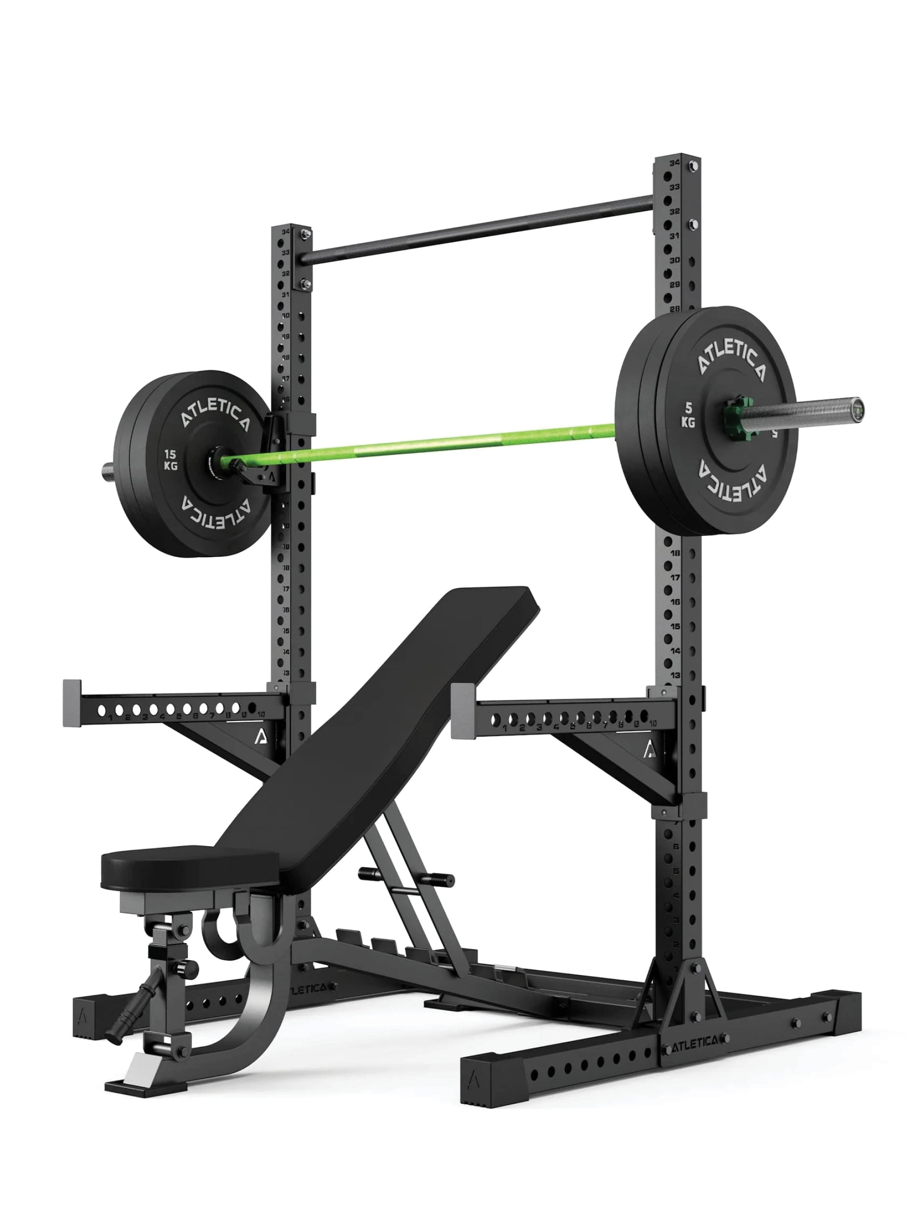 Power Rack Squat Storm Set R7: Half Rack mit Hantelbank | Hantelstange | 70 kg Bumper Plates | Collars | Pull-Up Bar | Spotter Arms | J-Hooks inkl.