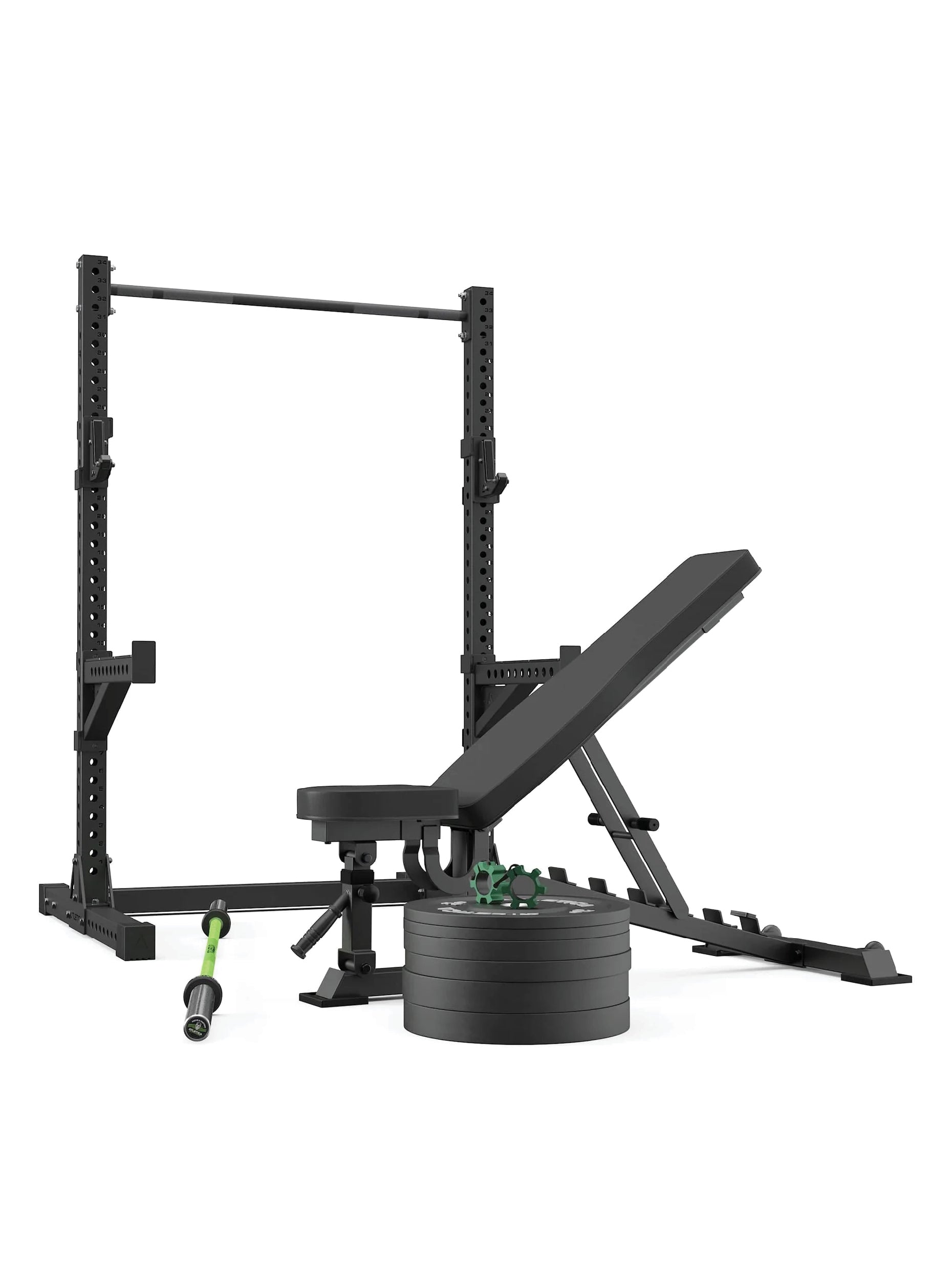 Power Rack Squat Storm Set R7: Hantelstange | 70 kg Bumper Plates | Collars | Pull-Up Bar | Spotter Arms | J-Hooks inkl.