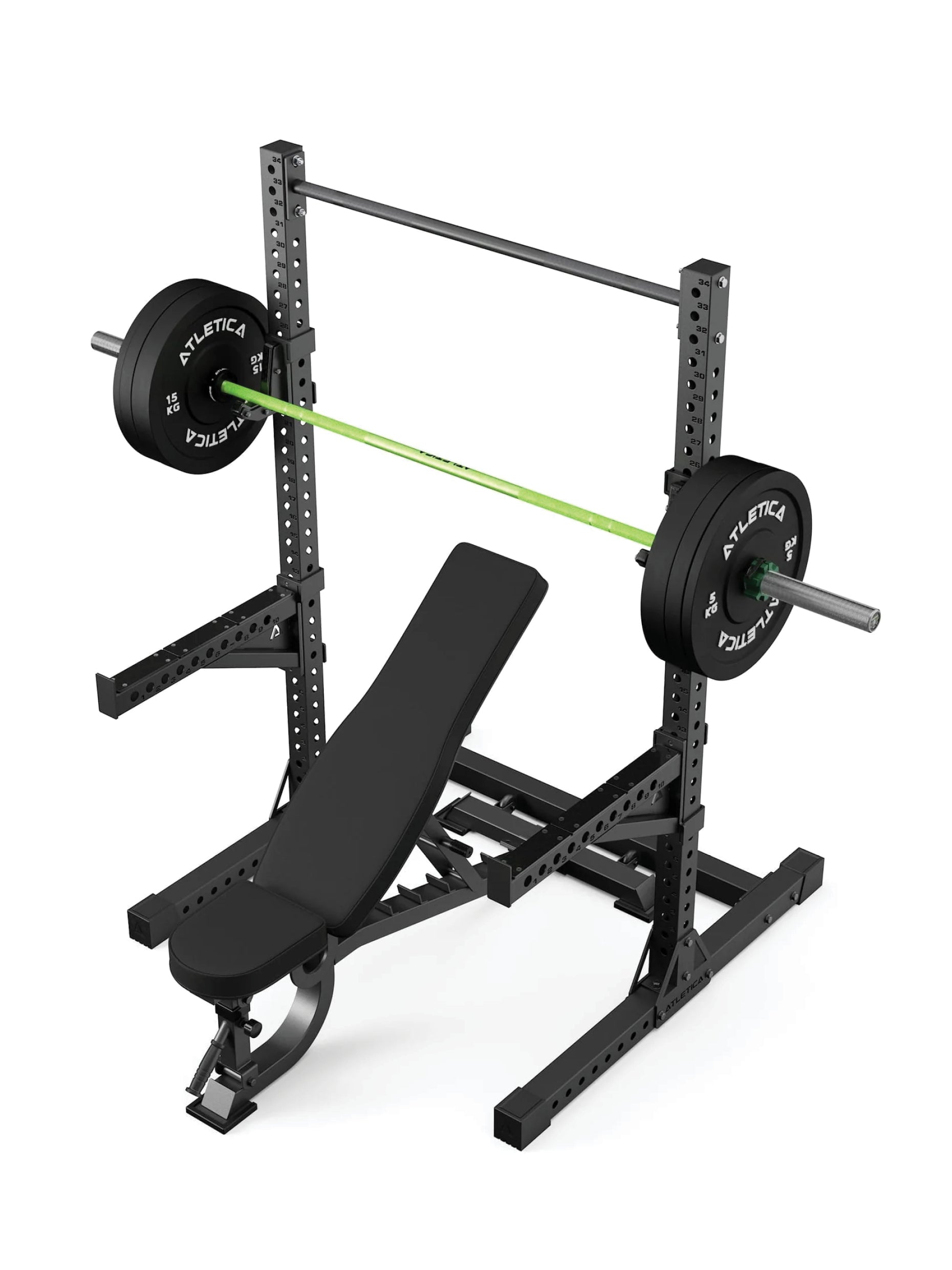 Power Rack Squat Storm Set R7: mit Hantelbank | Hantelstange | 70 kg Bumper Plates | Collars | Pull-Up Bar | Spotter Arms | J-Hooks inkl.