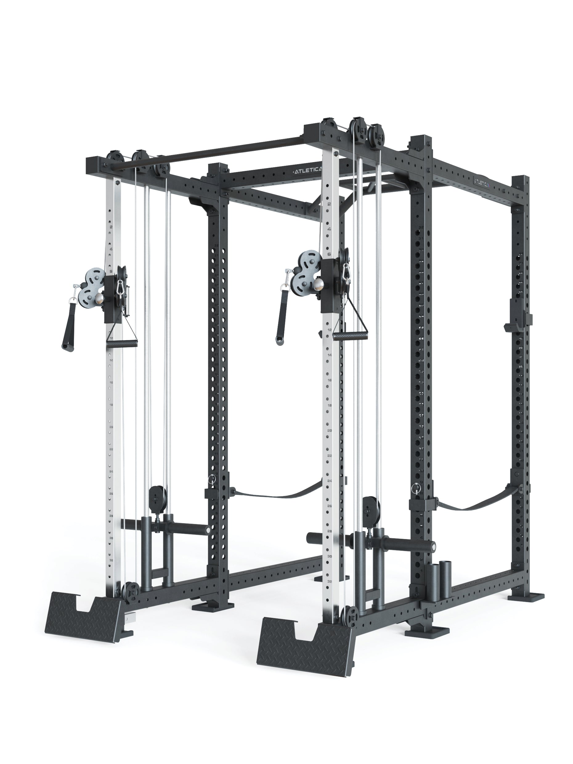 Squat Rack R8-Duality: Plate Loaded Dual Pulley, J-Hooks, Safeties, Bar Holder | 183x235 cm Grundfläche | 262 kg schwer