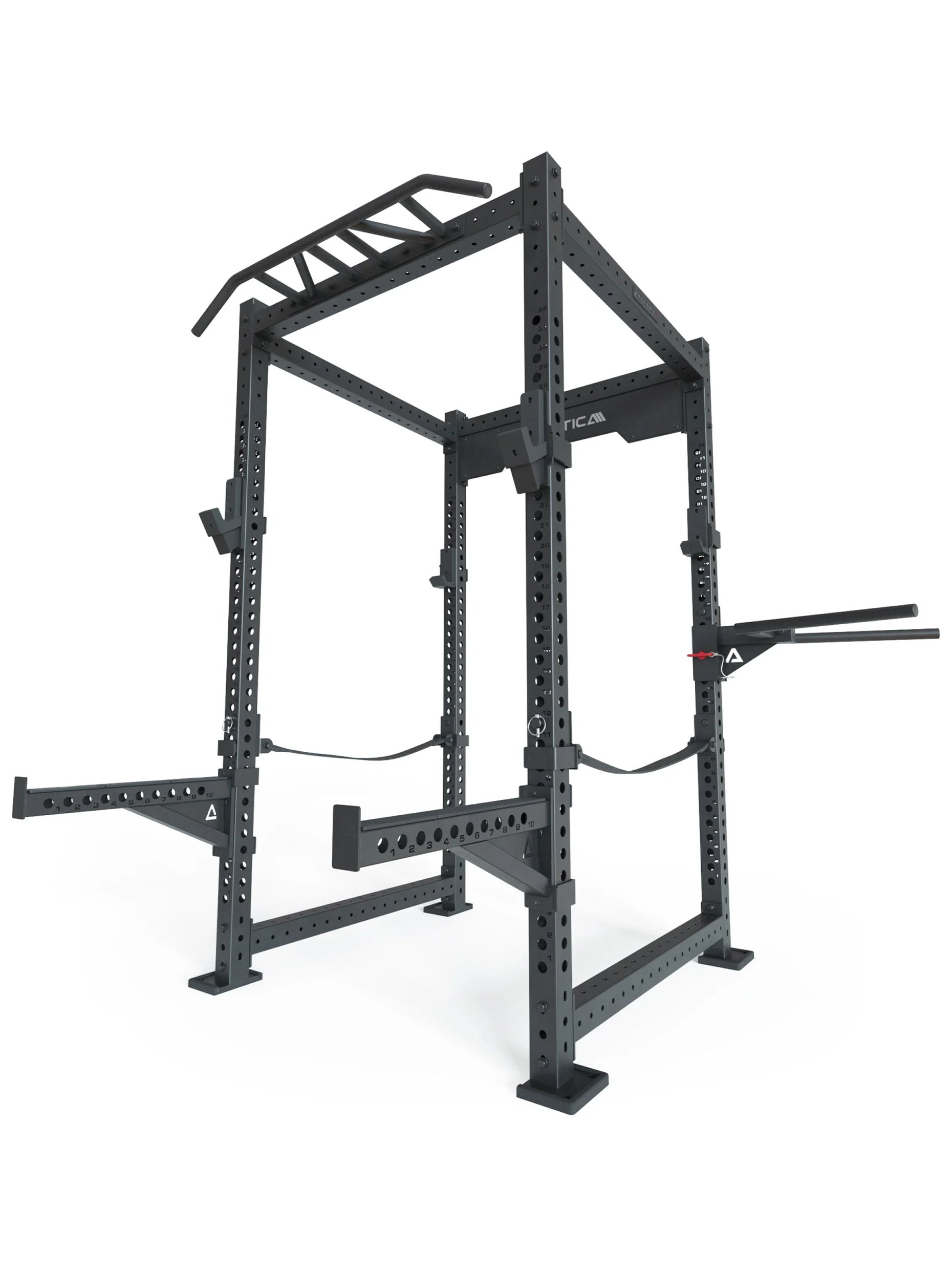 Power Rack R8-SoundWave: Squat Rack mit 4 J-Hooks, Safety Straps, Spotter Arms, Logo Plate, Dip & Pull-Up Bar | 226x123x123 cm | 186 kg | Erweiterbar