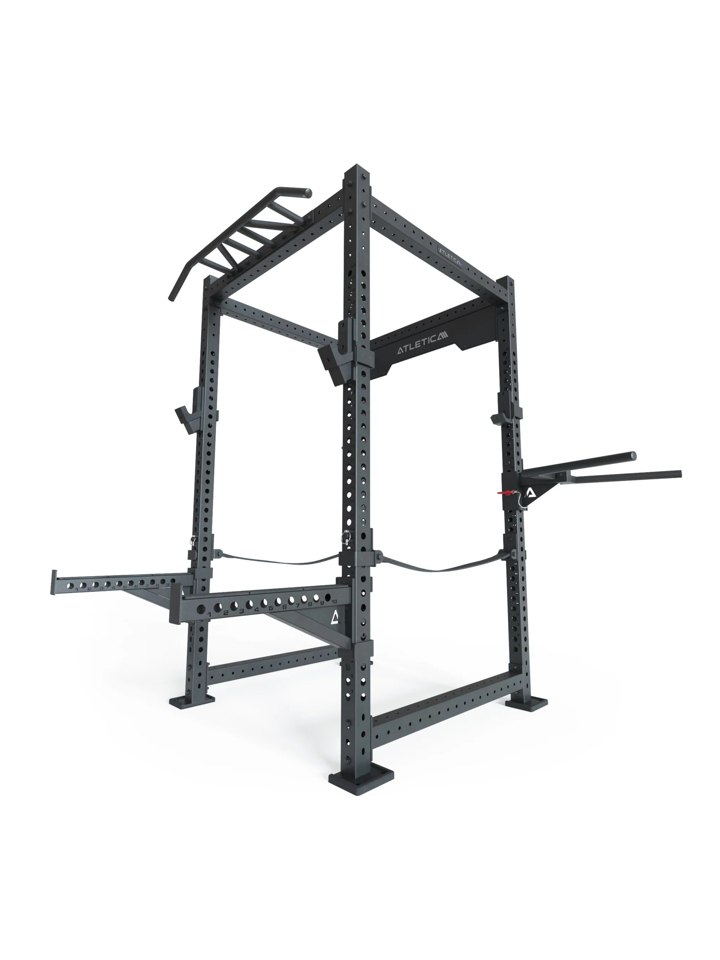 Squat Rack R8-SoundWave: mit 4 J-Hooks, Safety Straps, Spotter Arms, Logo Plate, Dip & Pull-Up Bar | 226x123x123 cm | 186 kg | Erweiterbar