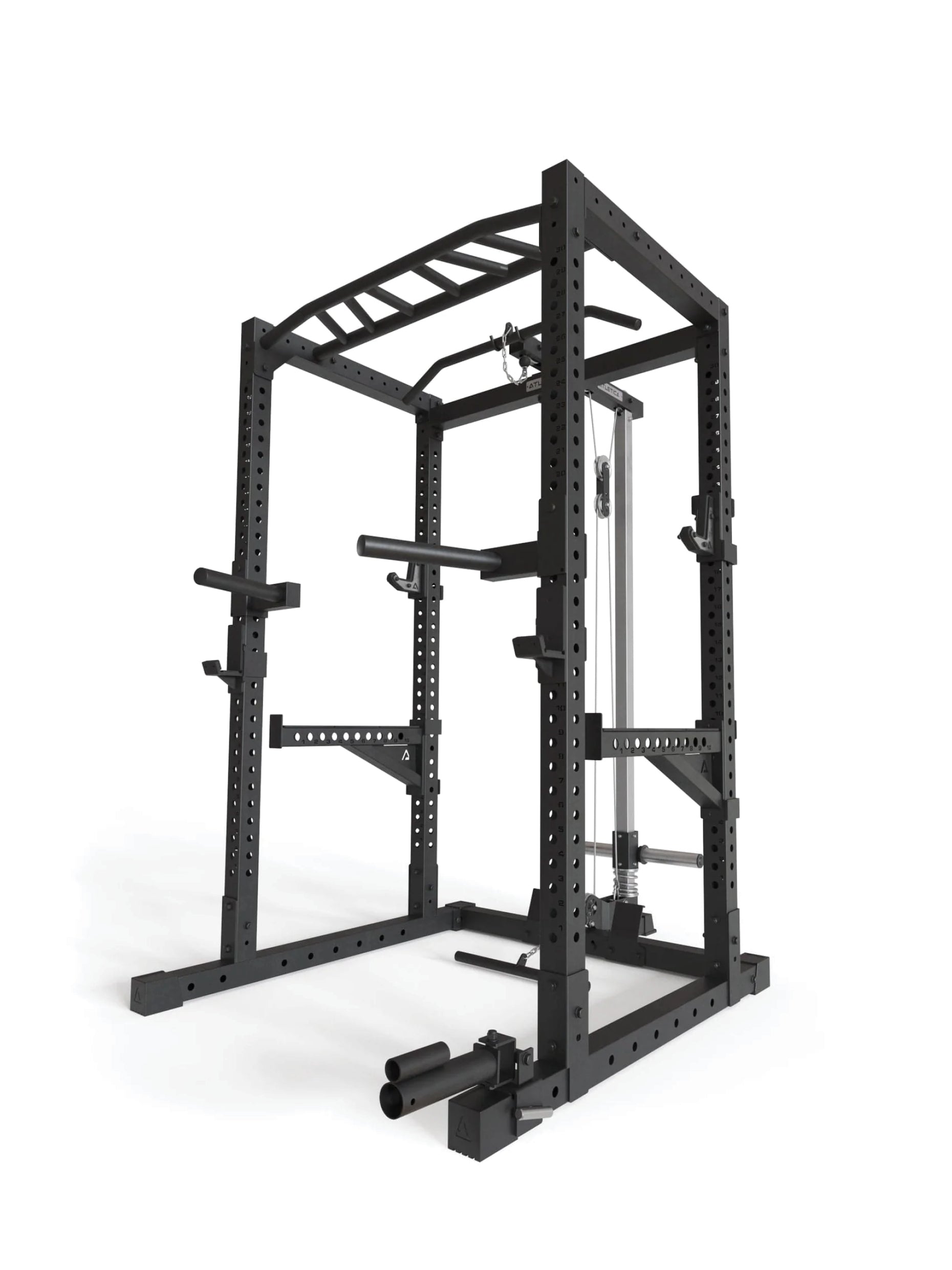 Power Rack R7-Cage: Squat Cage mit Latzug und Ruderstation | Multi-Grip Pull-Up Bar | Dip Station | Spotter Arms | 4 J-Hooks und Landmine | in zwei Höhen verfügbar, #size_224-cm