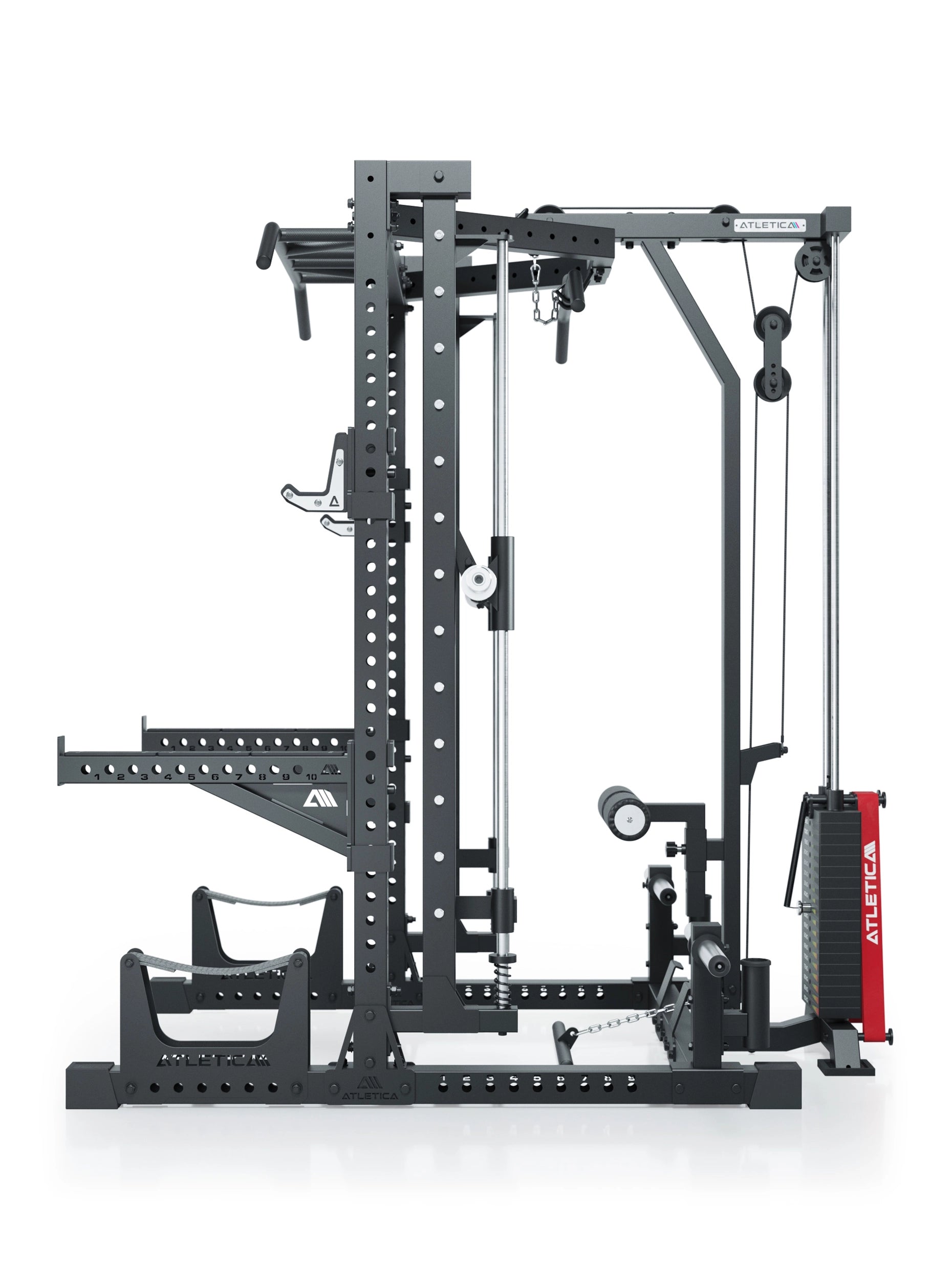 Squat Rack R7 Serie: mit Multipresse und 125kg Latzug Nemesis 70x70 Uprights
