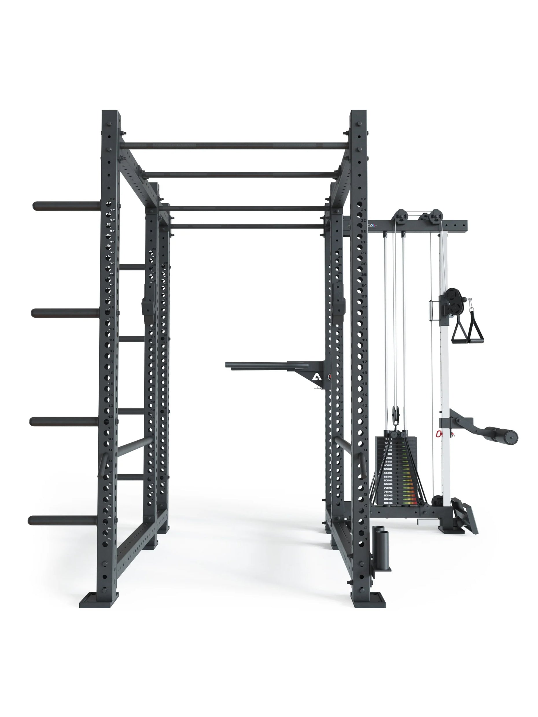 Power Rack R8-Raptor Pro: Sprossenleiter, Dip-Holme, J-Hooks, 8 Weight Pins, Safeties, Bar Holder, Landmine