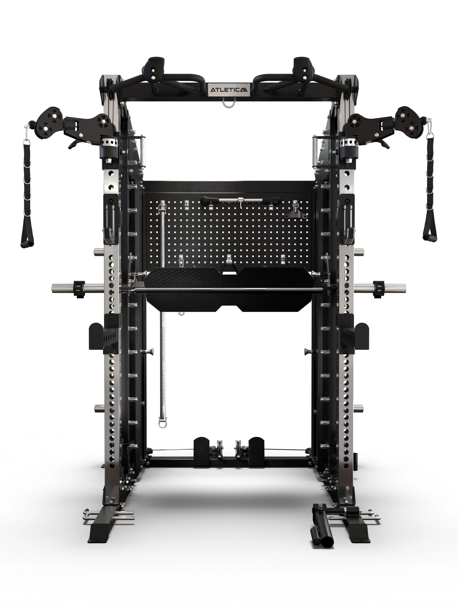 Multipresse Defender mit integrierter Aluminium-Langhantel und verstellbaren Kabelzügen mit 360°-Winkelverstellung für Crossover und Lat Pull 