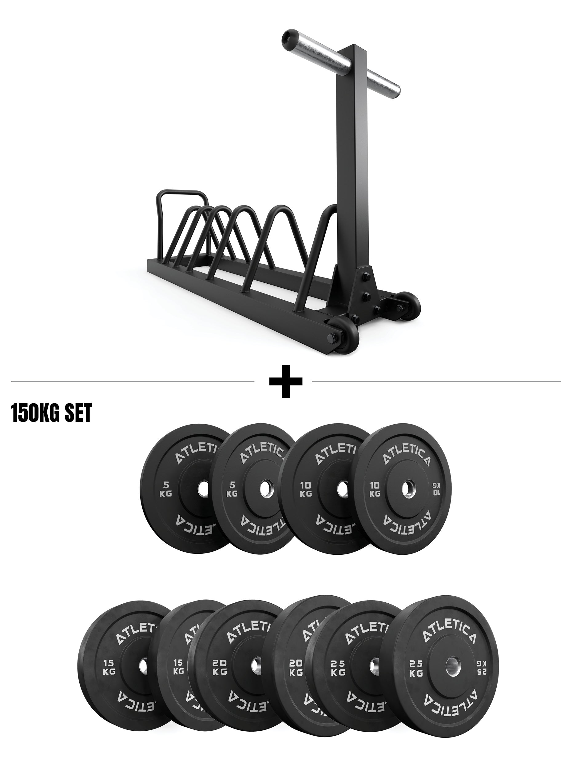 Tusker Set I Hantelscheibenablage & 150kg Black Bumper Plates, Black Week Sale