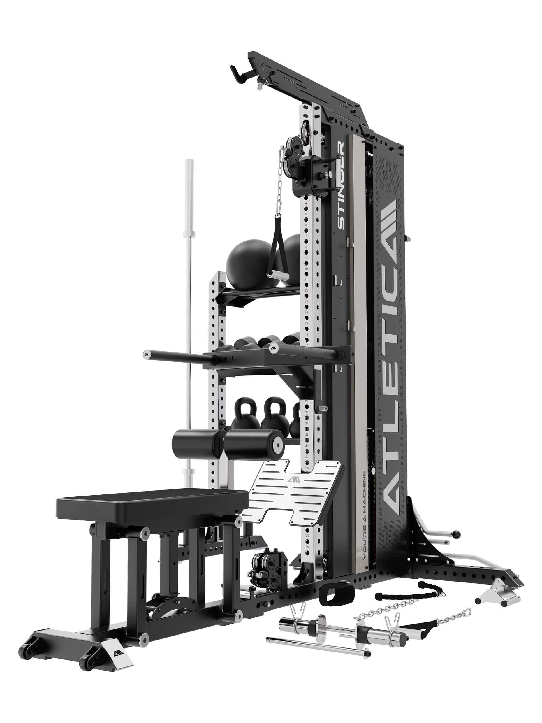 Atletica Stinger Functional Trainer mit Lagerregal, Latzug- und Ruderstation, Squat Belt und Dip Station