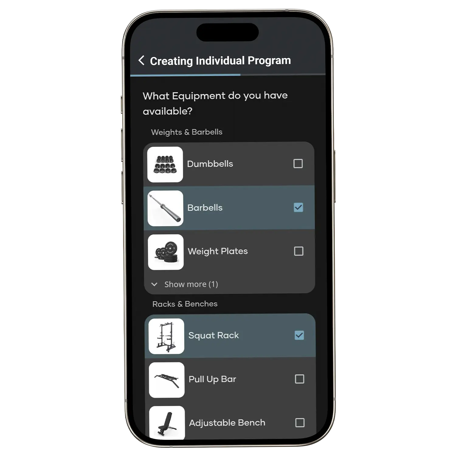 Atletica Training App: Equipment auswählen