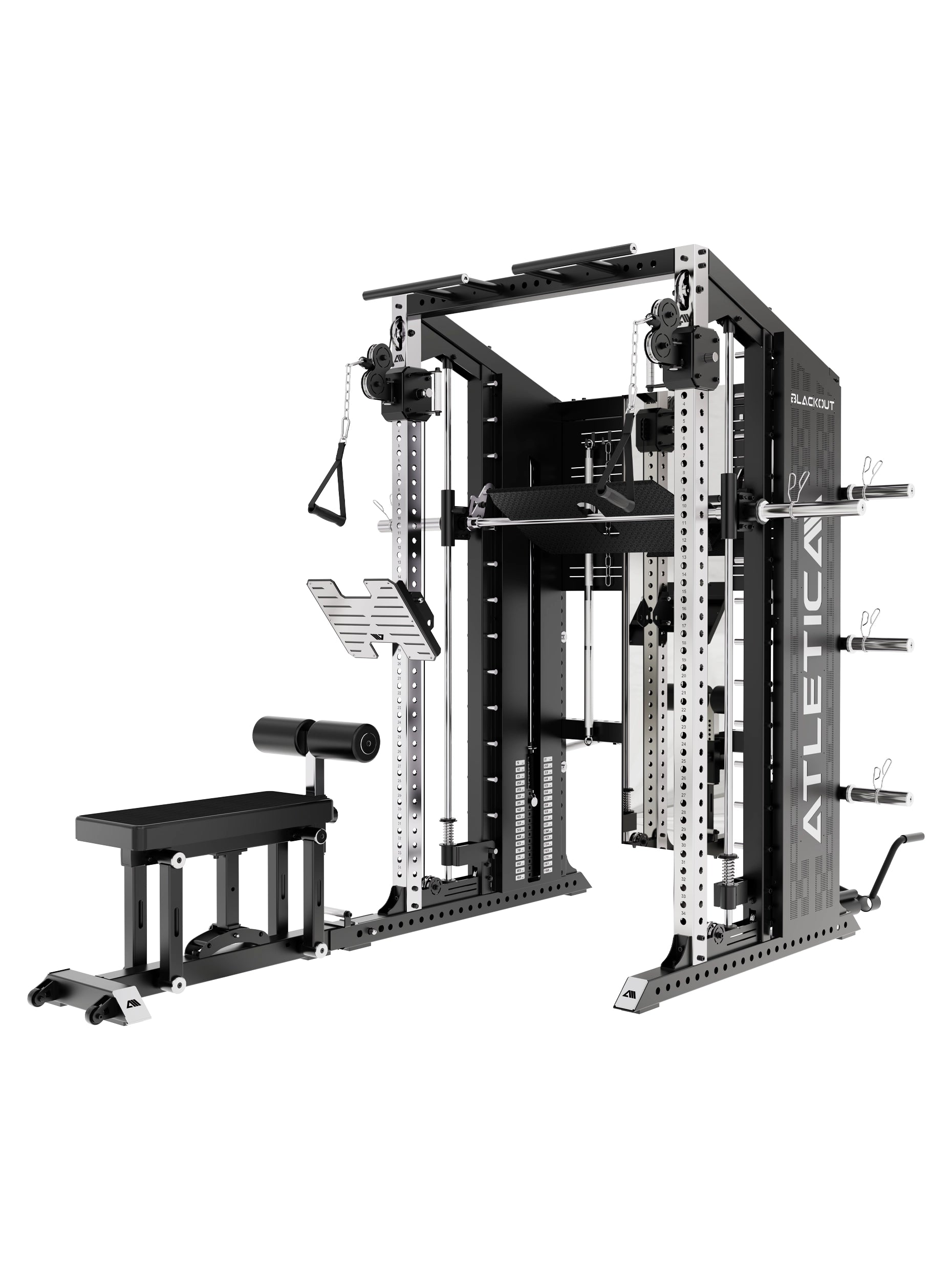 Blackout Kraftstation mit massiven Uprights und dualem Kabelzug mit Steckgewichten