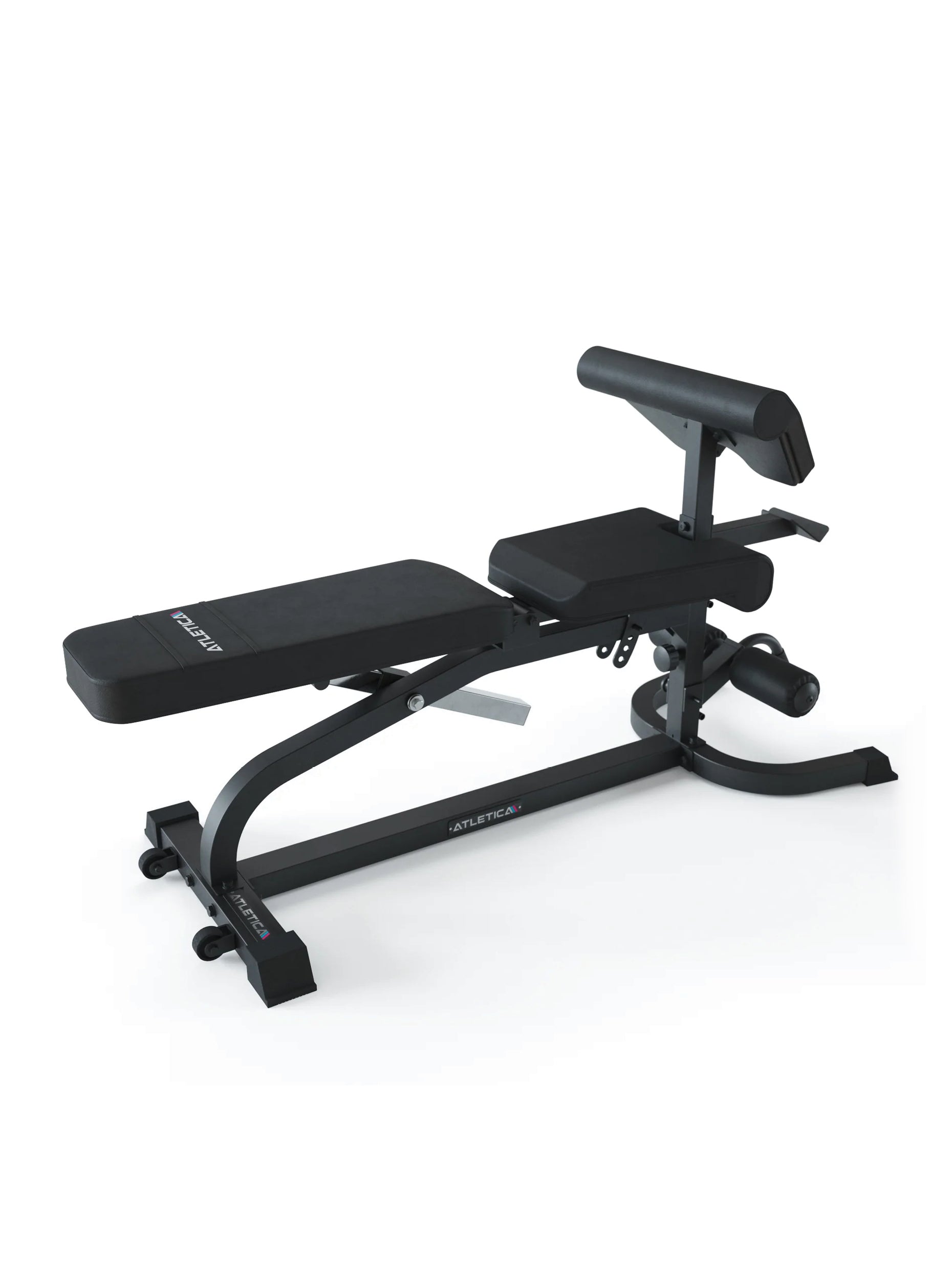 Hantelbank multifunktional X-Bench: Aufsätze für Bizeps- und Beincurls, negativ verstellbar, Verstellbarkeit der Rückenlehne von -15° bis +85°, 3-fache Sitzverstellung, 650kg Belastbarkeit, 8cm dickes Polster