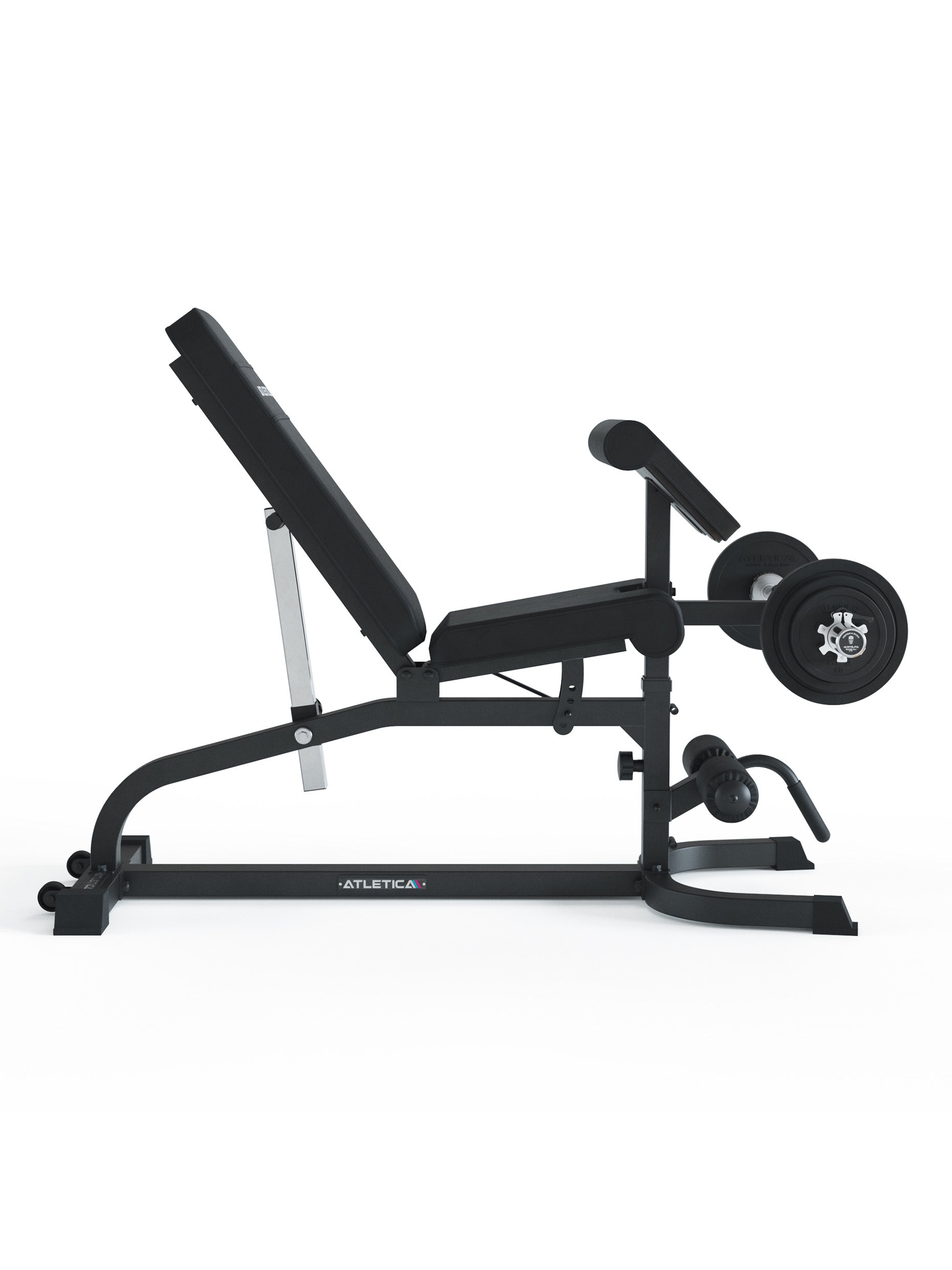 Multifunktionale Hantelbank X-Bench: Aufsätze für Bizeps- und Beincurls, negativ verstellbar