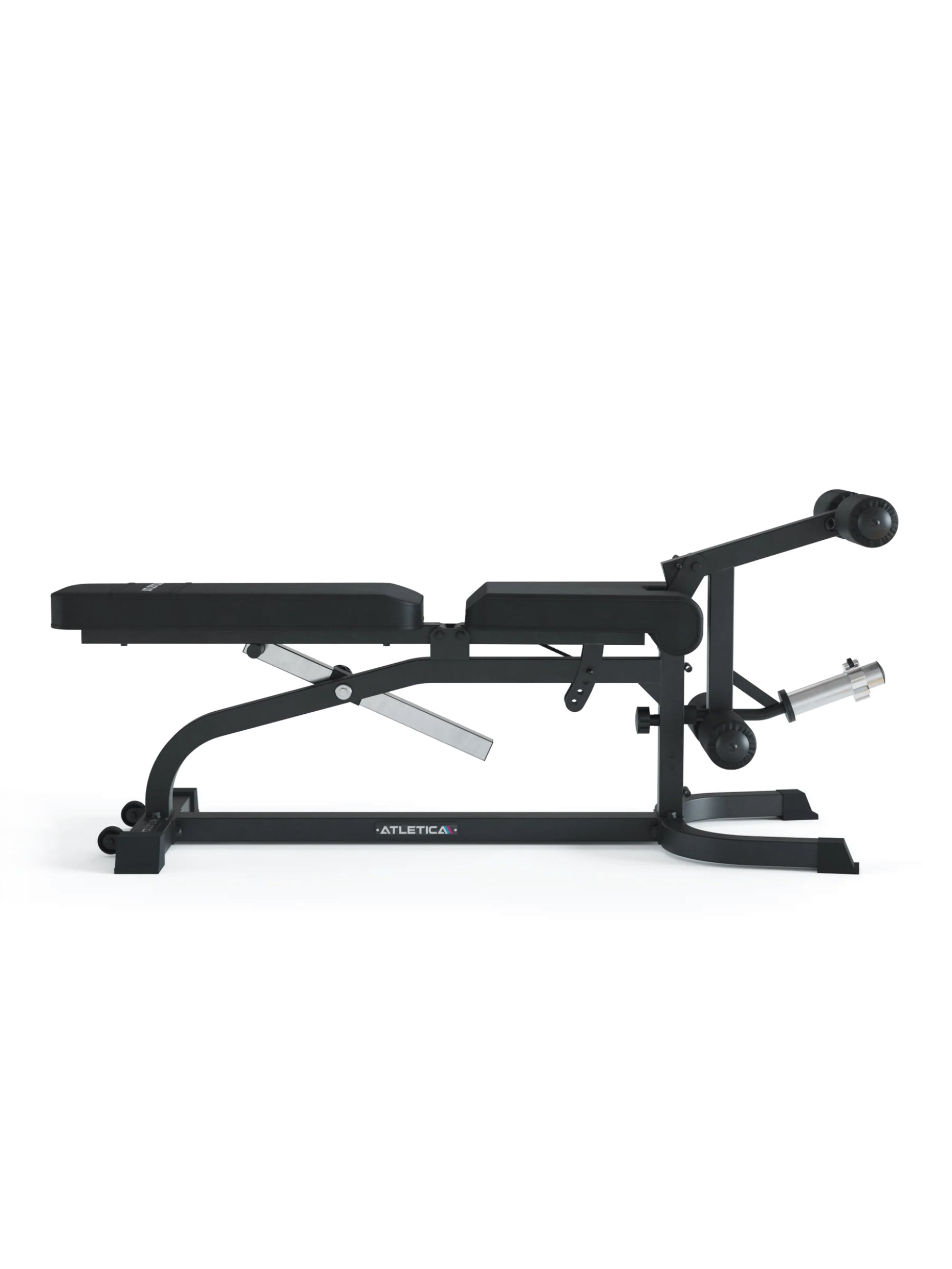 Multifunktionale Hantelbank X-Bench: Aufsätze für Bizeps- und Beincurls, negativ verstellbar