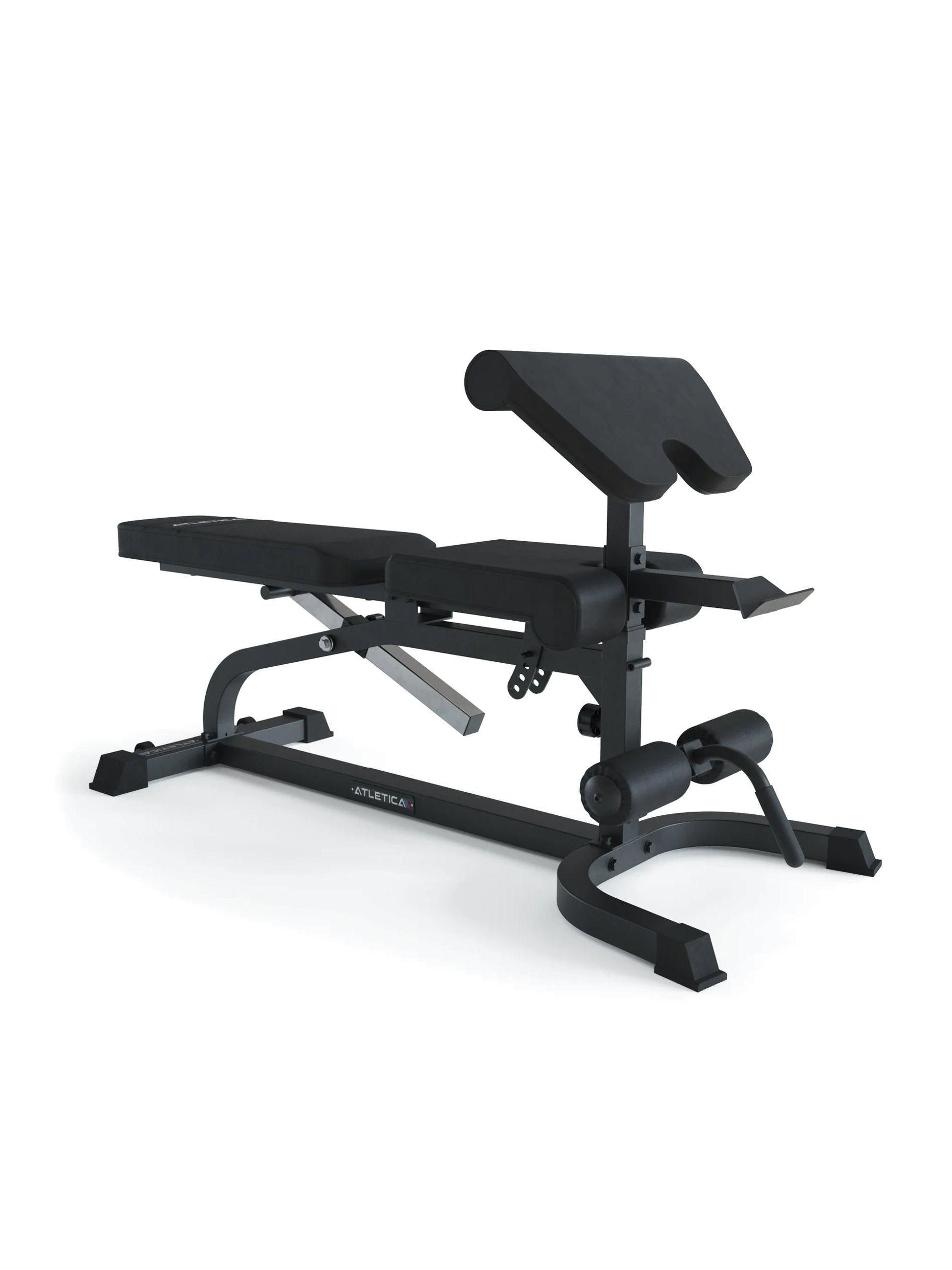 Multifunktionale Hantelbank X-Bench: Aufsätze für Bizeps- und Beincurls, negativ verstellbar