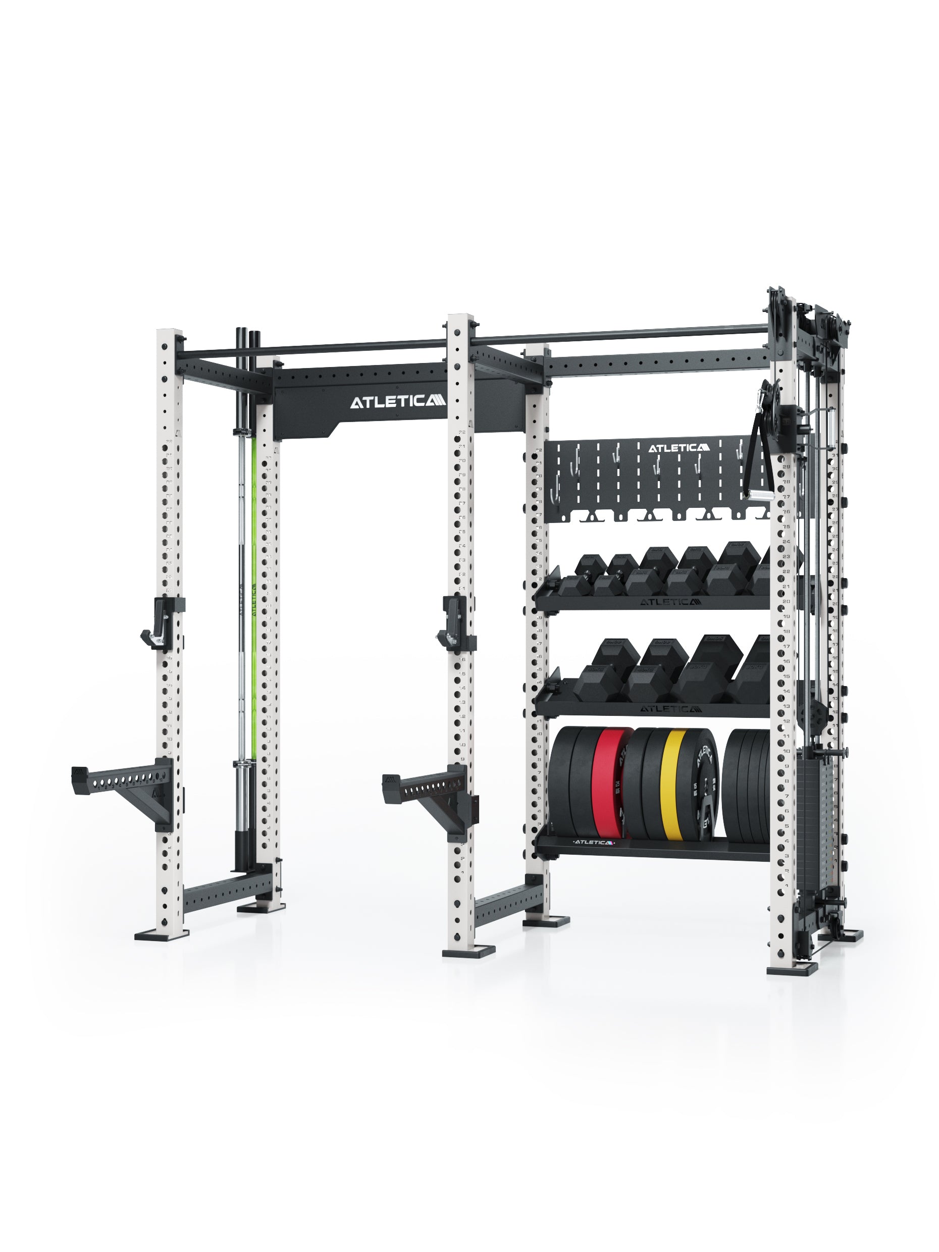 R8 Falcon Power Rack mit integrierten Regalböden für die Lagerung von Kurzhanteln und Bumper Plates