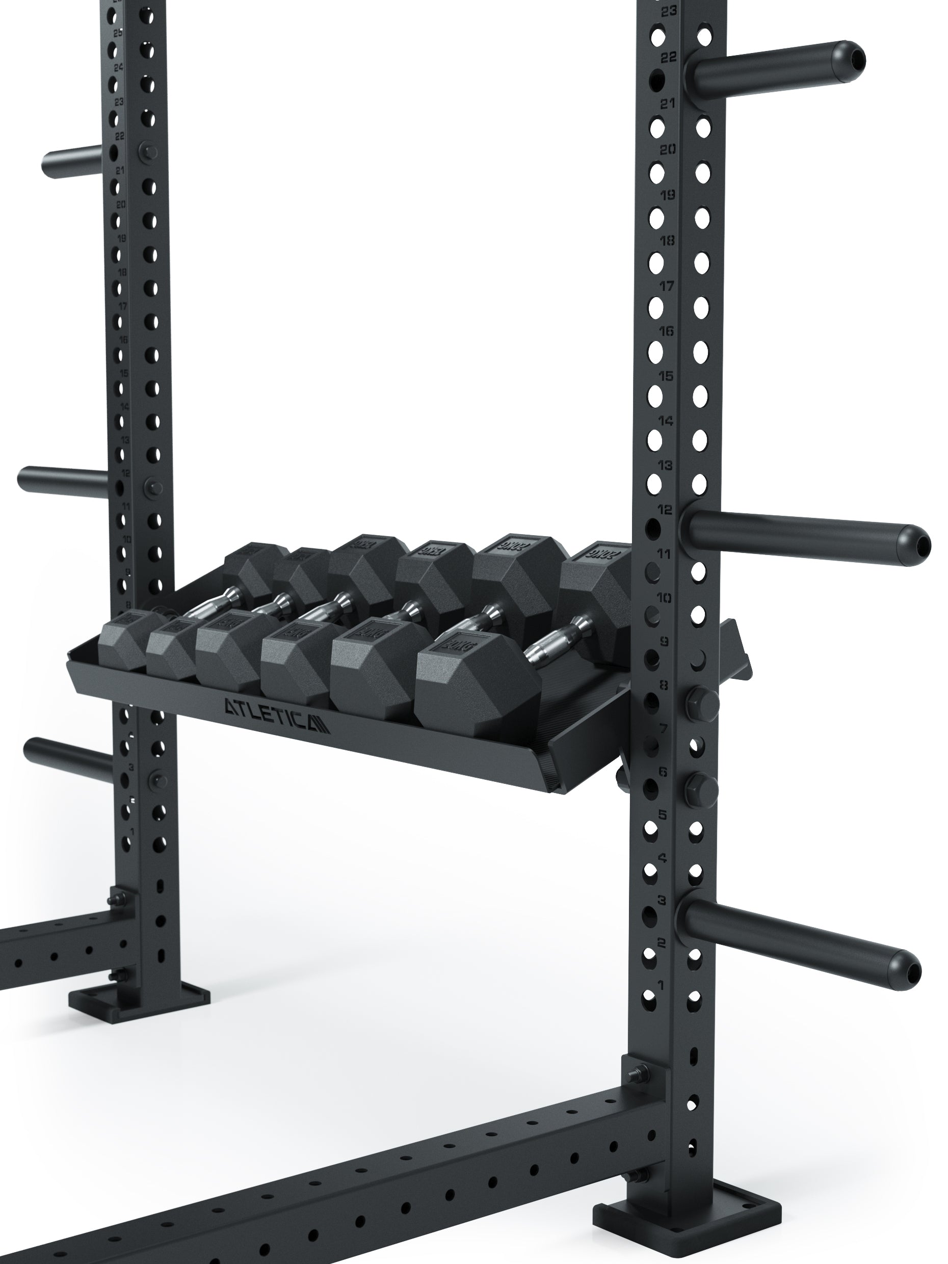 Ablage mit leicht erhöhtem Rand für sicheren Halt deiner Kurzhanteln und Kettlebells