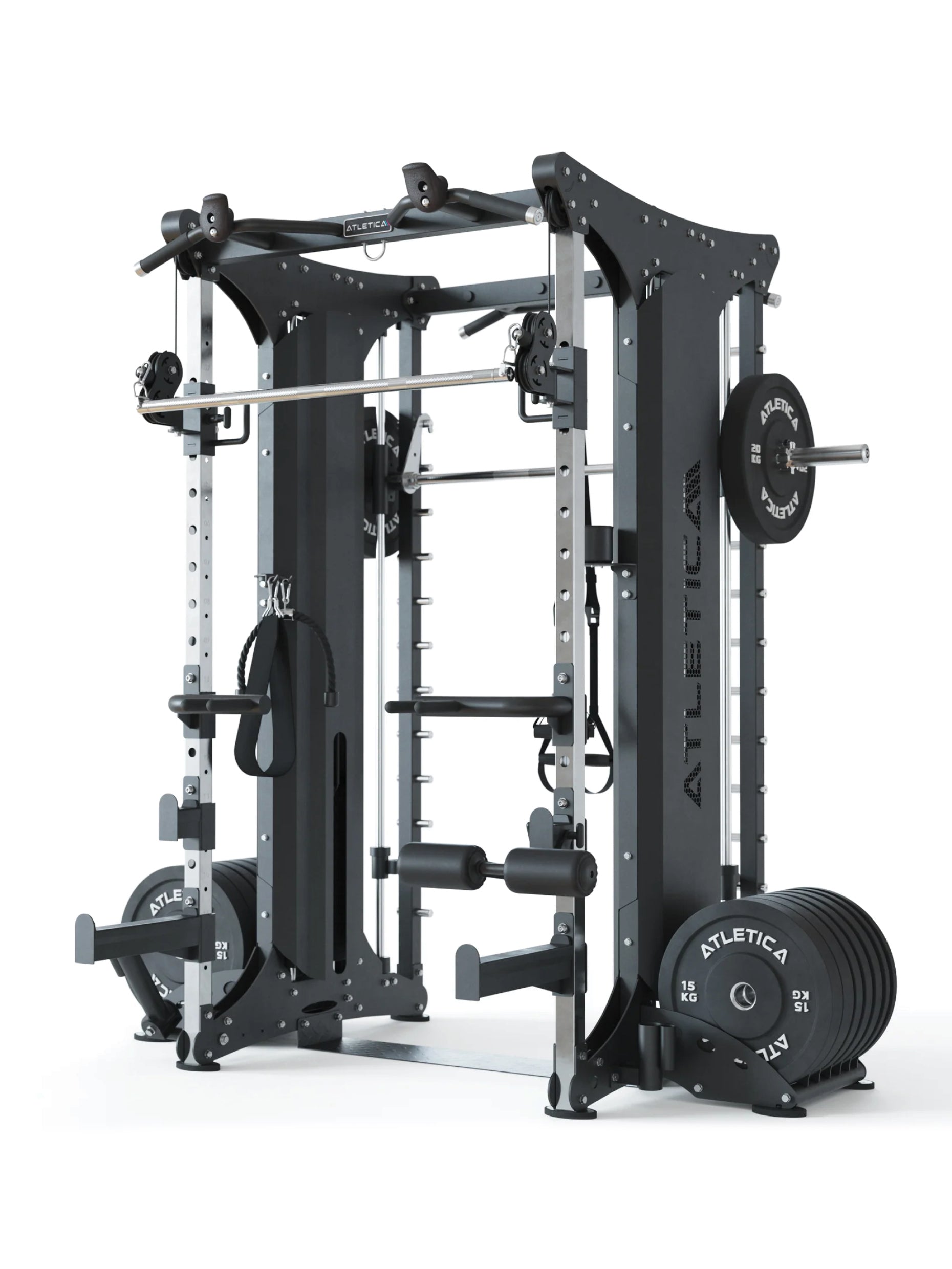 Kraftstation mit Steckgewichten, Doppelseitige Smith Maschine X-Dual: entkoppelte Smith- und Kabelzugfunktion, zwei separat aufgebaute Einheiten, Ganzkörpertraining mit Hantelbank