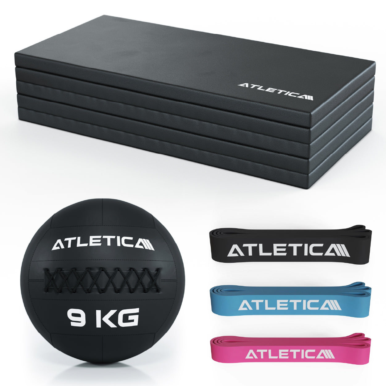 Atletica Lower Body Warm-Up Set 5: Zenfold Gummimatte, 9kg Wallball, Widerstandbänder