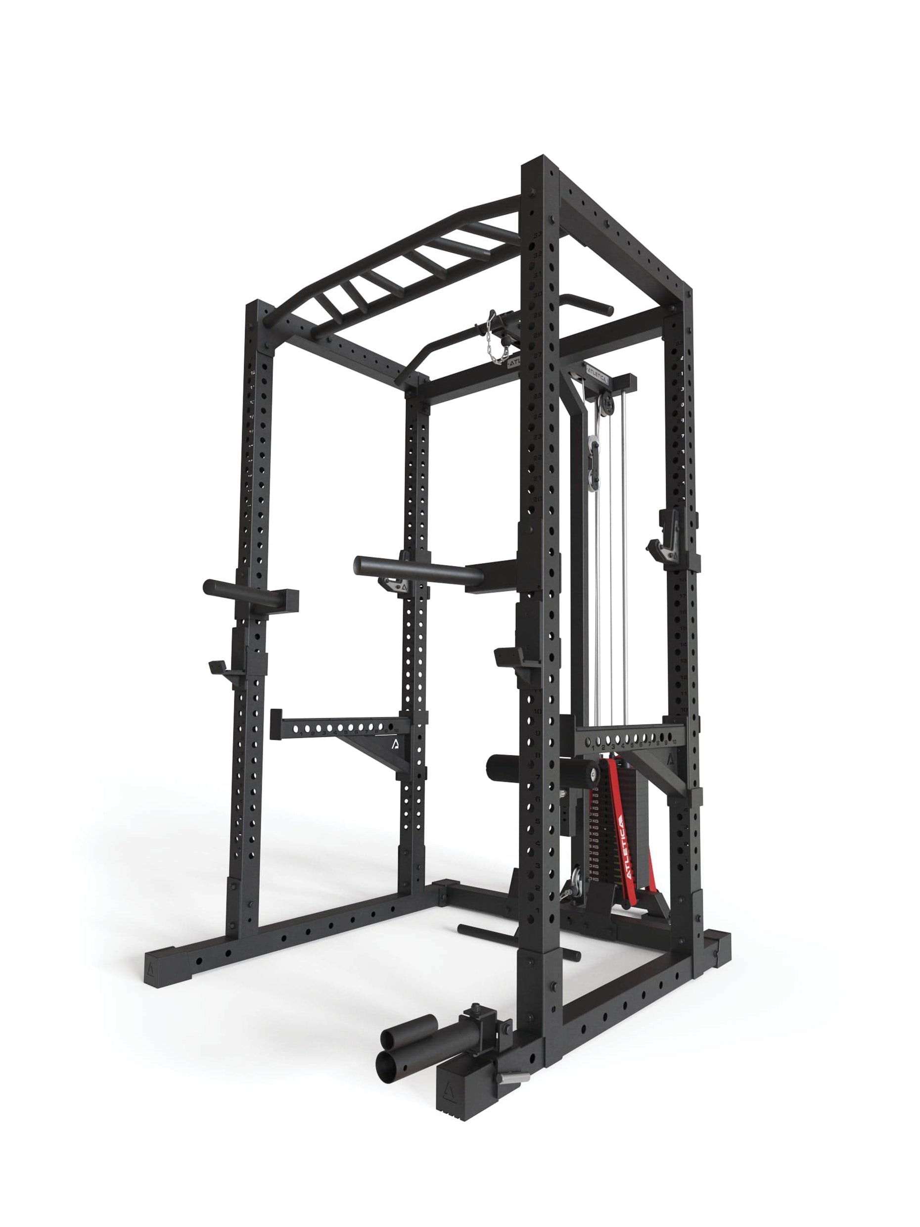 Power Rack R7-Cyrax: 90kg oder 120kg Steckgewichte | Squat Rack mit Latzug und Legblocker | Rudereinheit | Multi-Grip Klimmzugstange | Safety Spotter Arms | Dip Station | Landmine | in zwei Höhen verfügbar, #size_224-cm