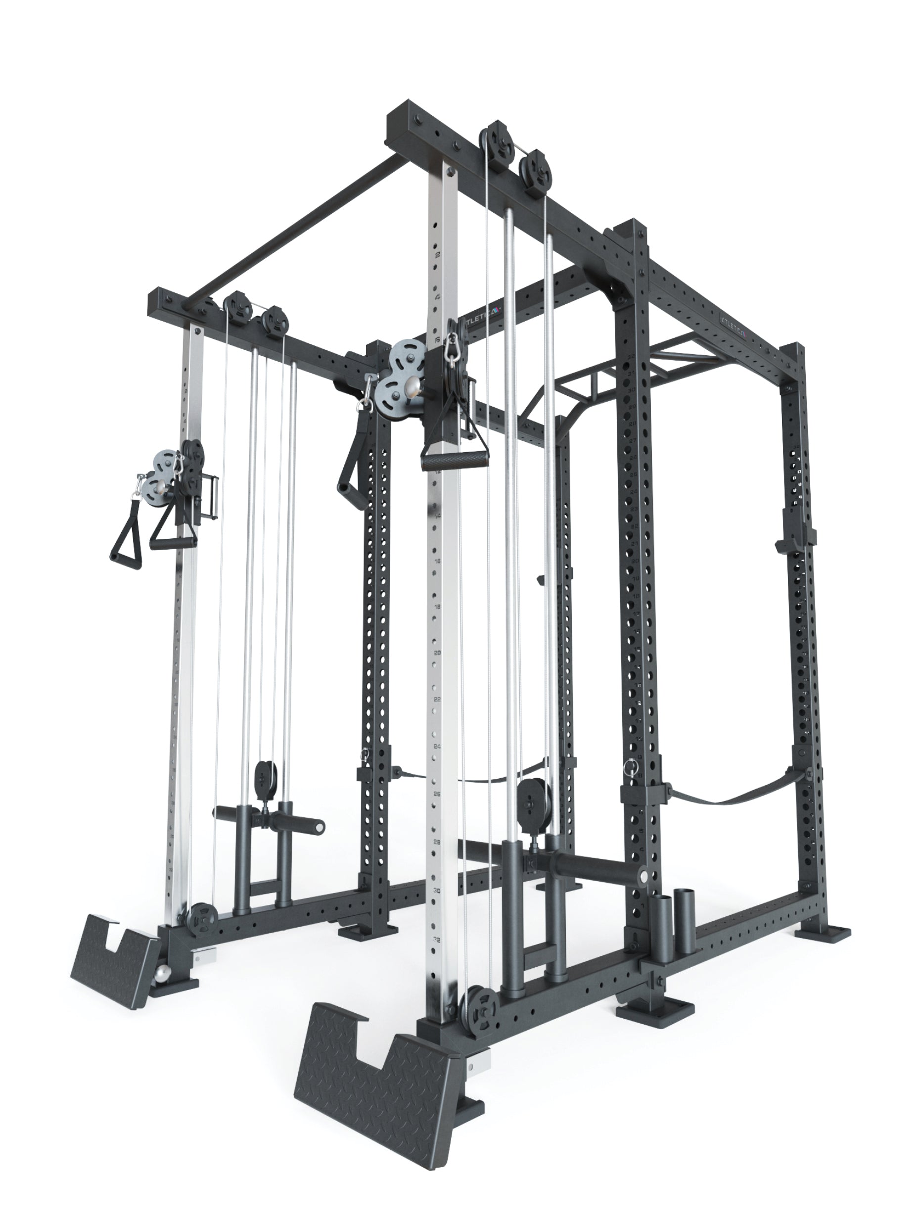 Power Rack R8-Duality: Squat Rack mit Kabelzug und 2x Klimmzugstange | Plate Loaded Dual Pulley, J-Hooks, Safeties, Bar Holder | 183x235 cm Grundfläche | 262 kg schwer
