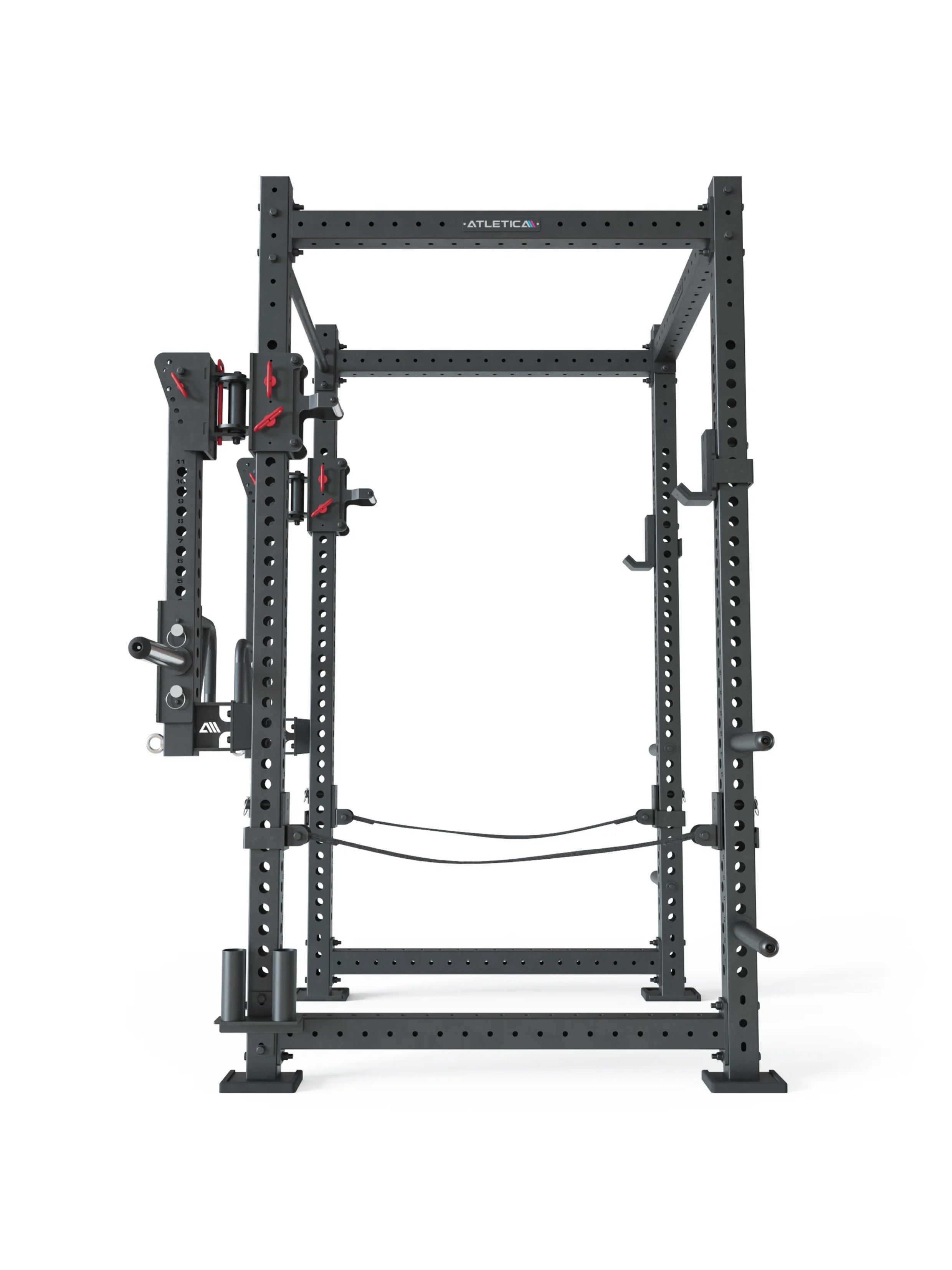 Squat Rack R8-Slate: mit Jammer Arms | Safety Straps, J-Hooks, Bar Holder & Weight Pins | Full Rack in Studio Qualität | 226 cm Höhe | 123x123 cm Fläche | 206 kg | Modular