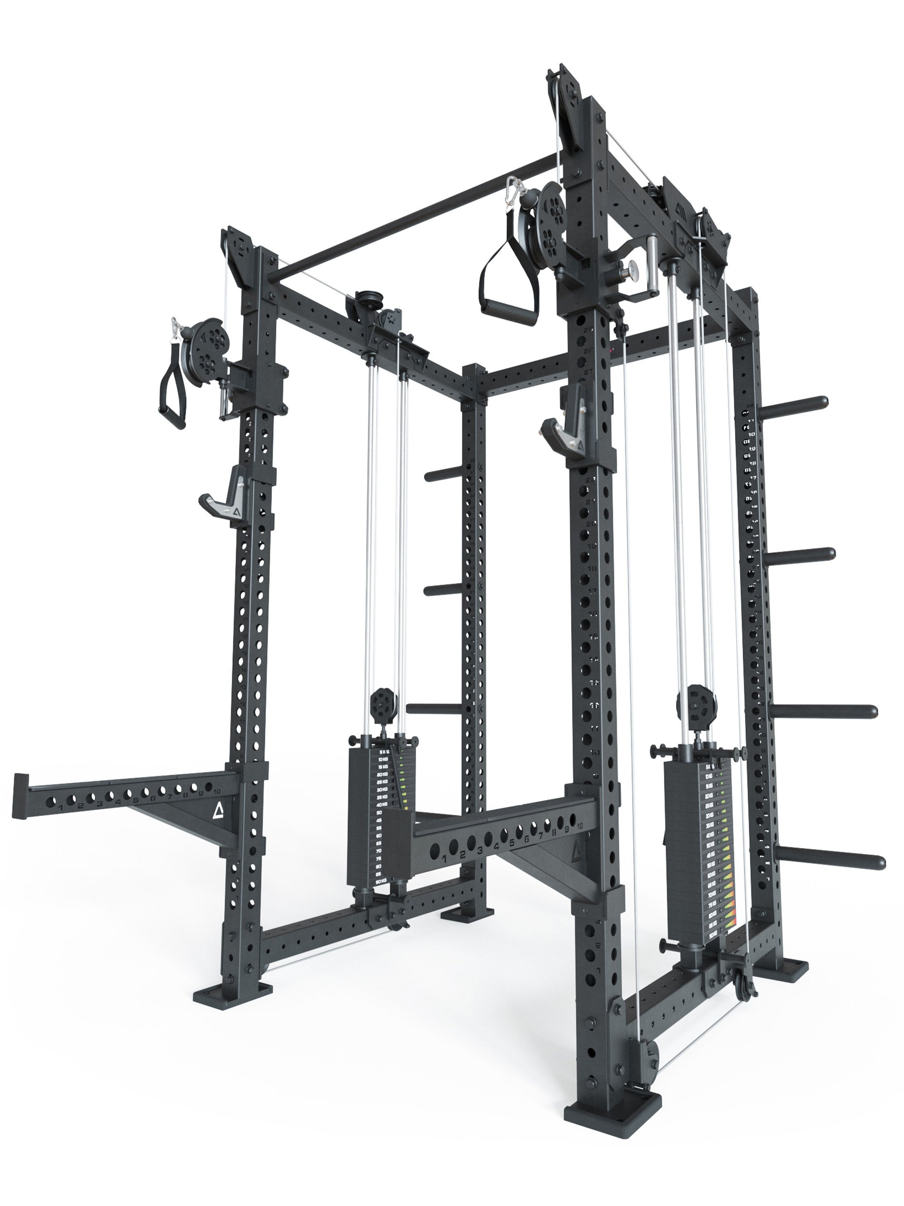 Power Cage R8-Bradley Kabelzug Station: Power Rack mit Seilzug und 2x90kg seitlichen Gewichtsblocks | Modular ausbaubar mit Multipresse und Jammer Arms 