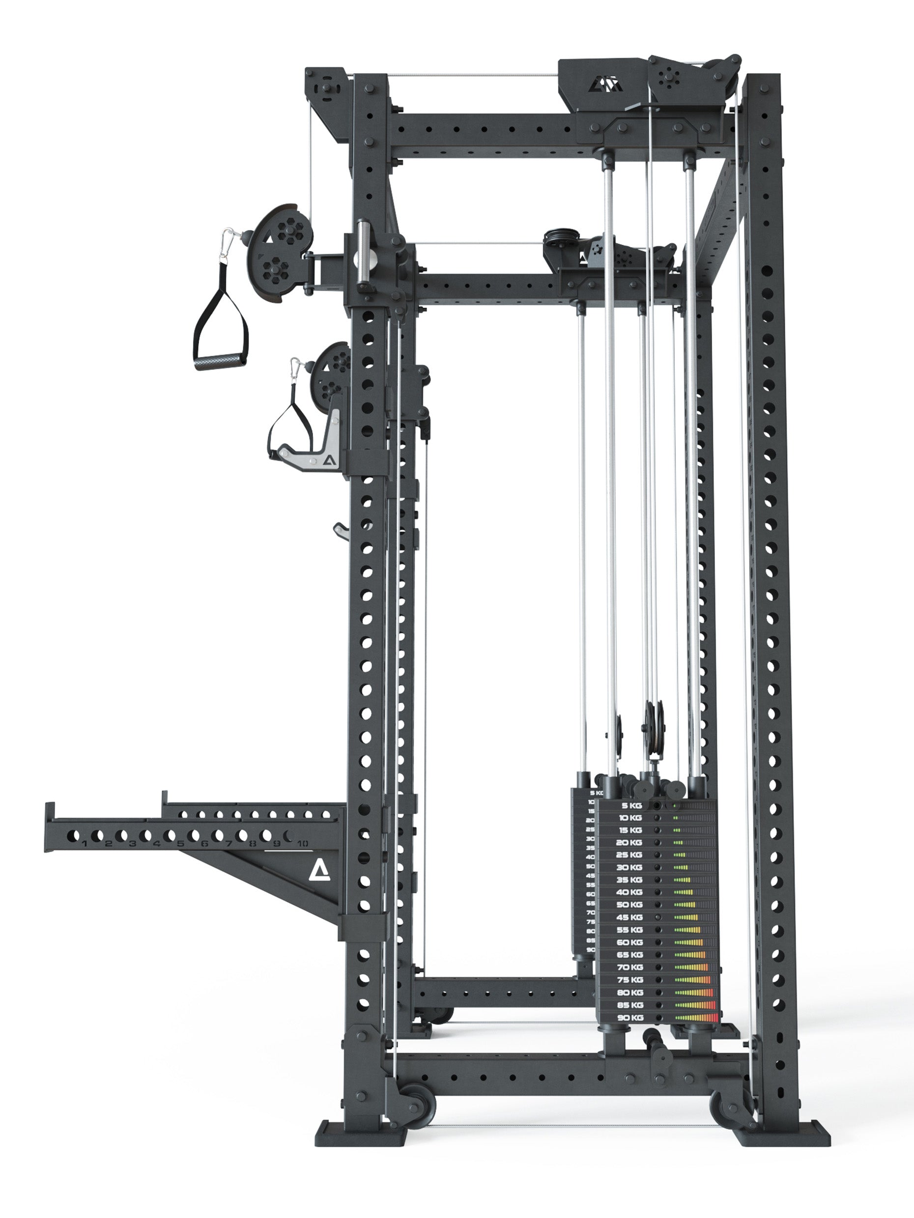 Power Cage R8-Bradley Kabelzug Station: Power Rack mit Seilzug und 2x90kg seitlichen Gewichtsblocks | Modular ausbaubar mit Multipresse und Jammer Arms 