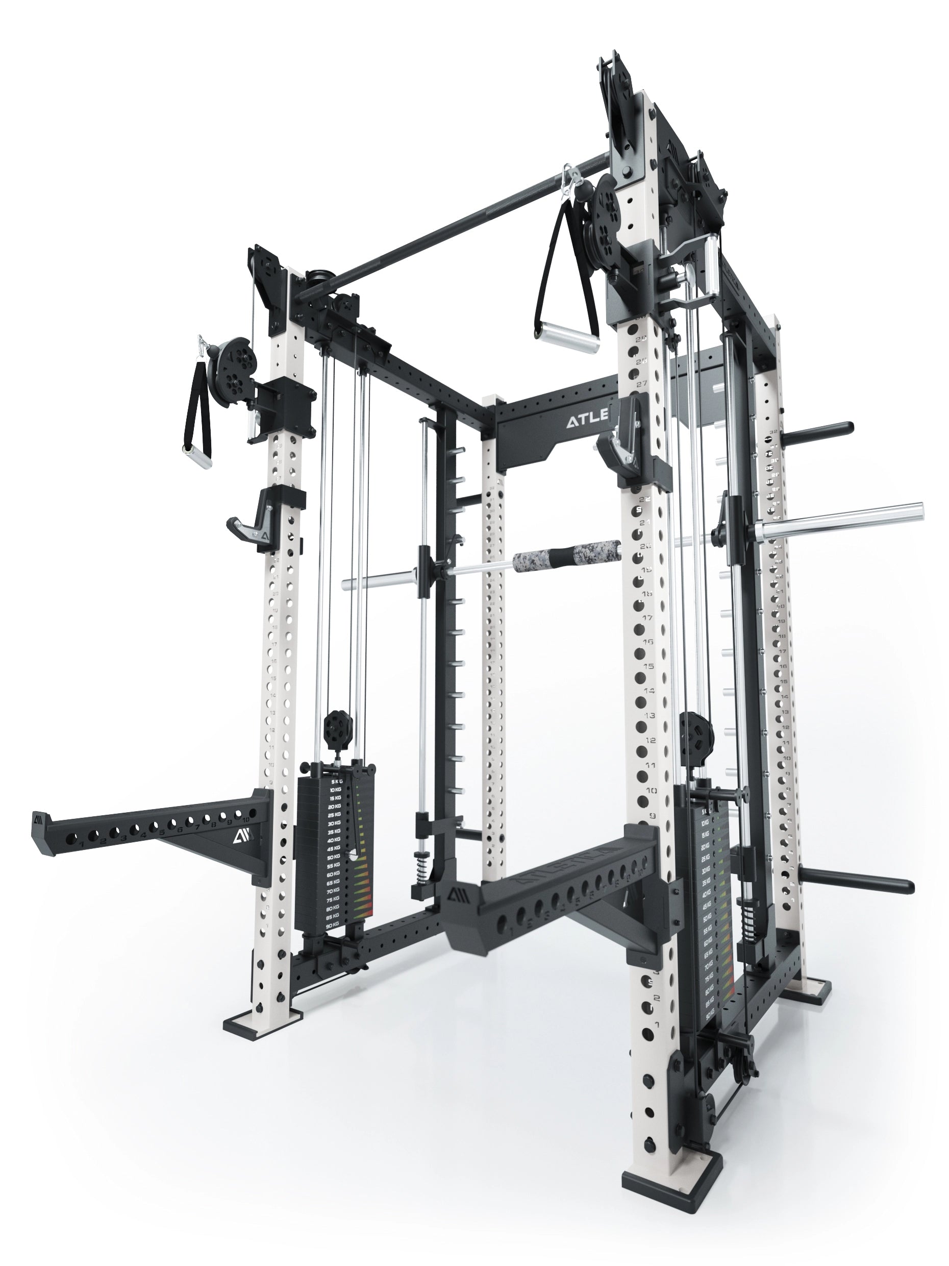 Power Racks: R8 R8 Bradley | Power Rack mit 2x90kg seitlichen Gewichtsblocks, Smith Machine und dualem Kabelzug, #variante_weiss