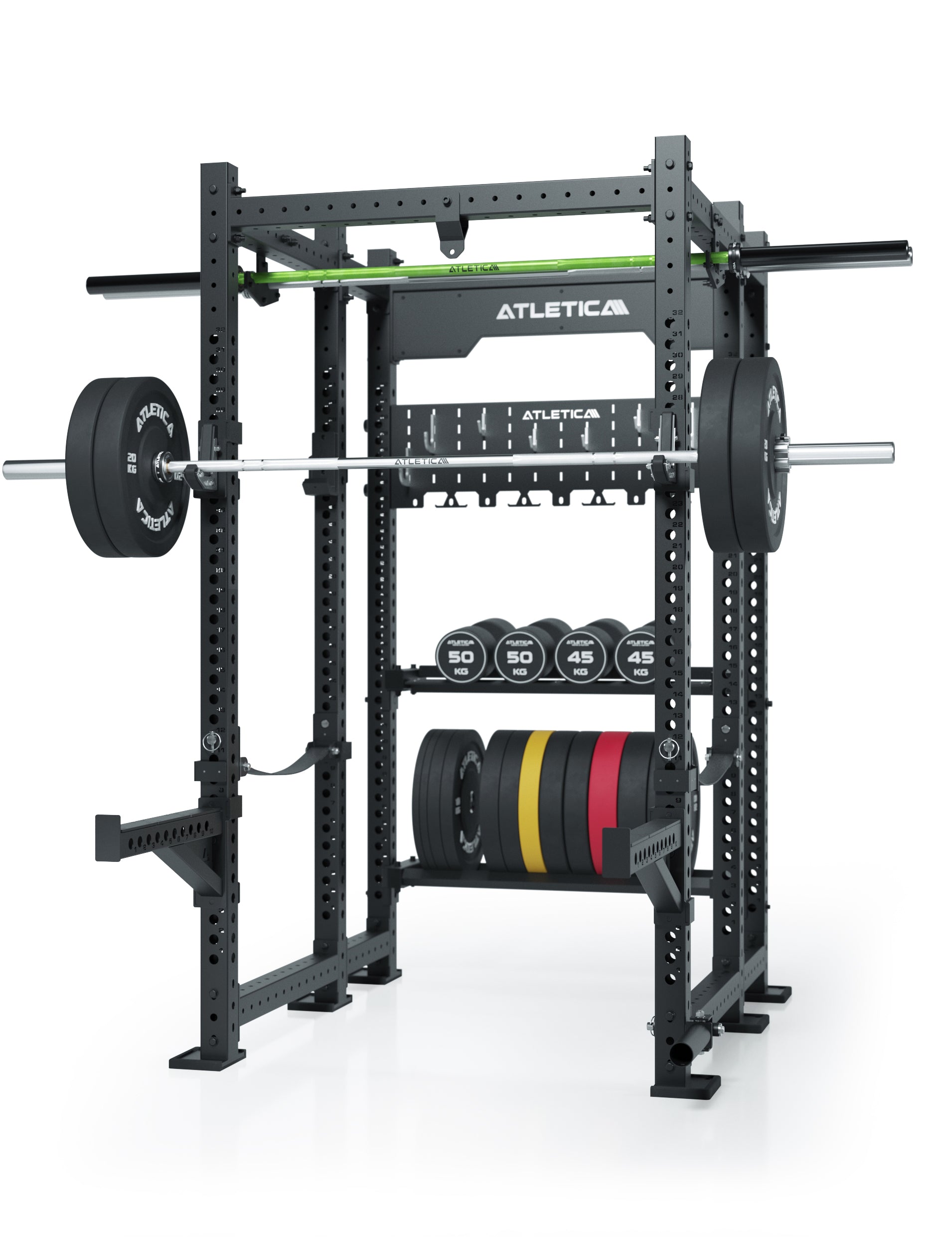 6-Pfosten Power Rack mit praktischem Storage System | Lagerregal für Kurzhanteln und Bumper Plates | Aufhängung für Boxsack | J-Hooks, Safety Straps & Spotter Arms
