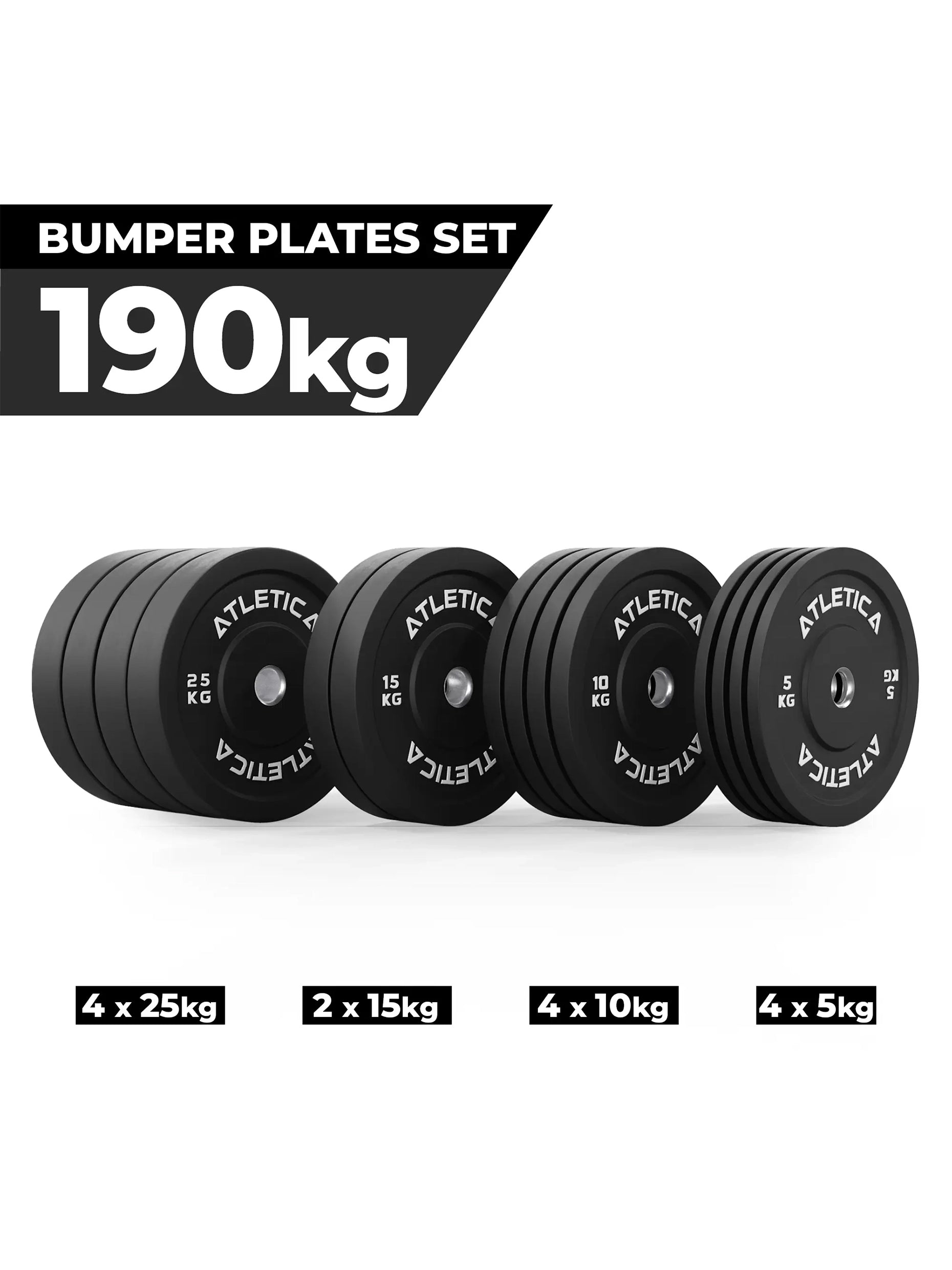 Gewichte Bumper Plates:190 kg Gewichtsscheiben bestehend aus 4x 5 kg ∣ 4x 10 kg ∣ 2x 15 kg ∣ 4x 25 kg | 50 mm