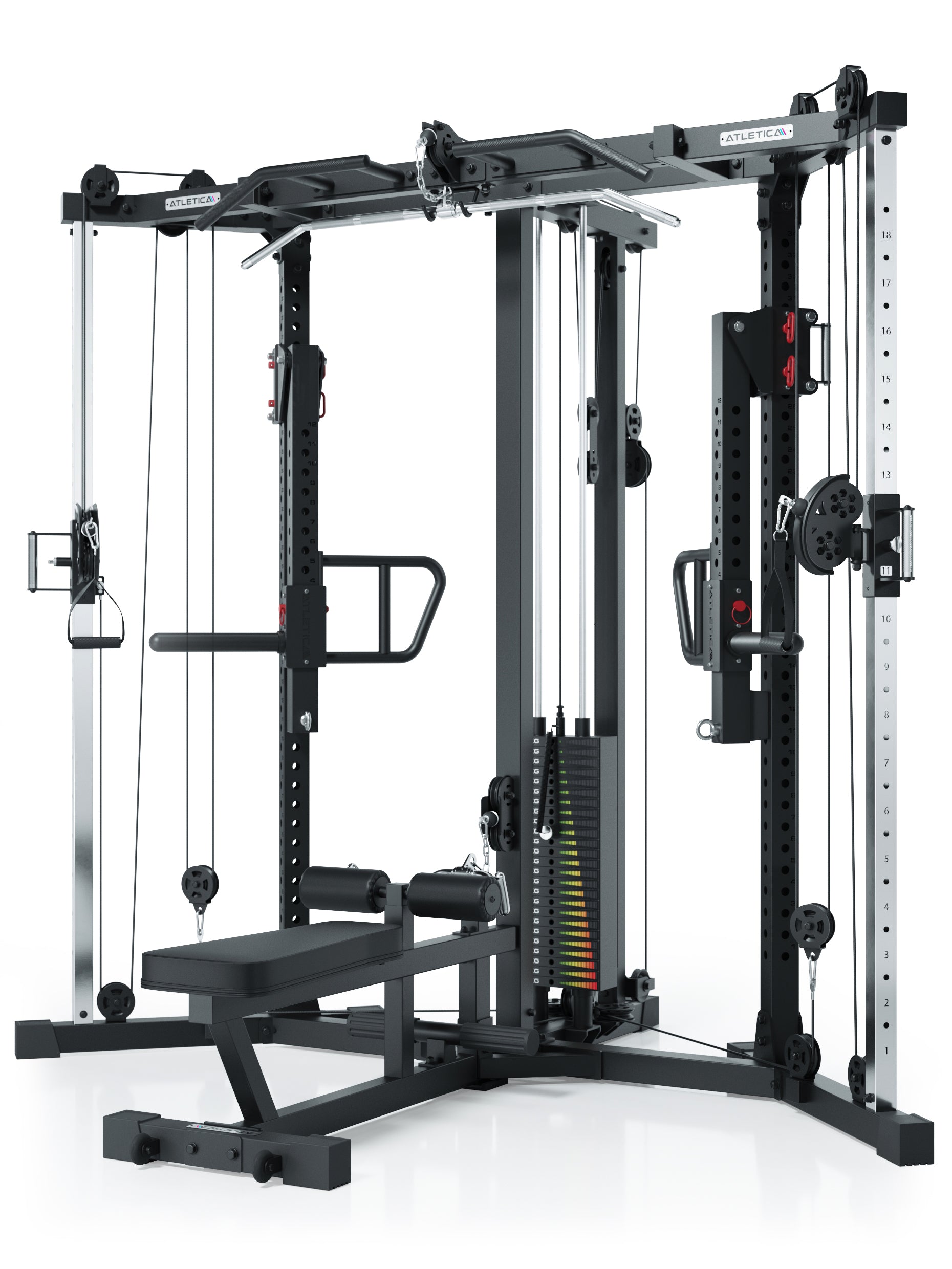 Kabelzugstation: X-TRIA mit 125kg Gewichten | abnehmbare Hantelbank | als Eck-Lösung für maximale Raumeffizienz: 