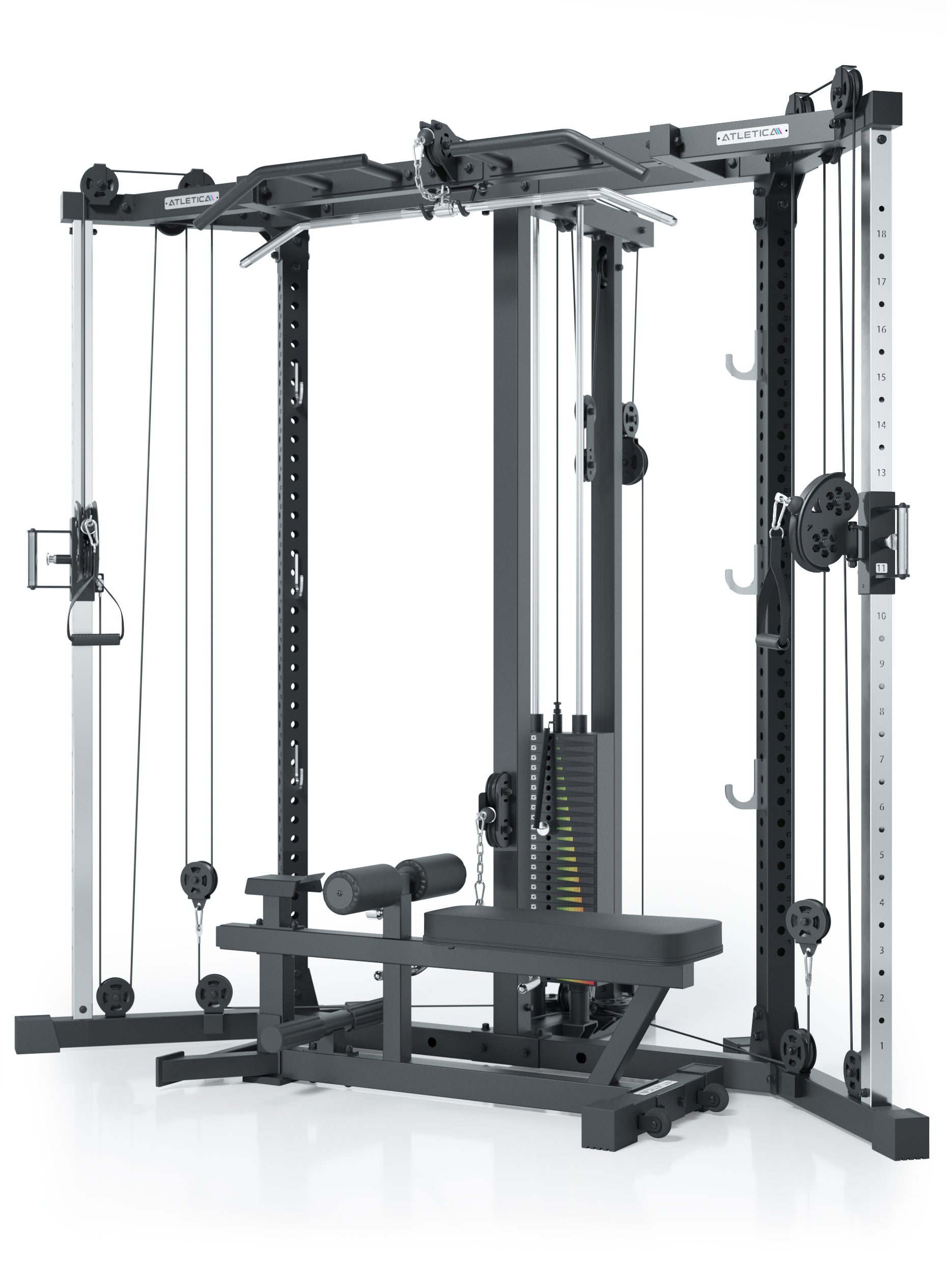 Kabelzugstation: Cross-Over-Kabelzug mit Lat- und Ruderzug | 125kg Gewichtsblock | abnehmbare Hantelbank | als Eck-Lösung für maximale Raumeffizienz: 