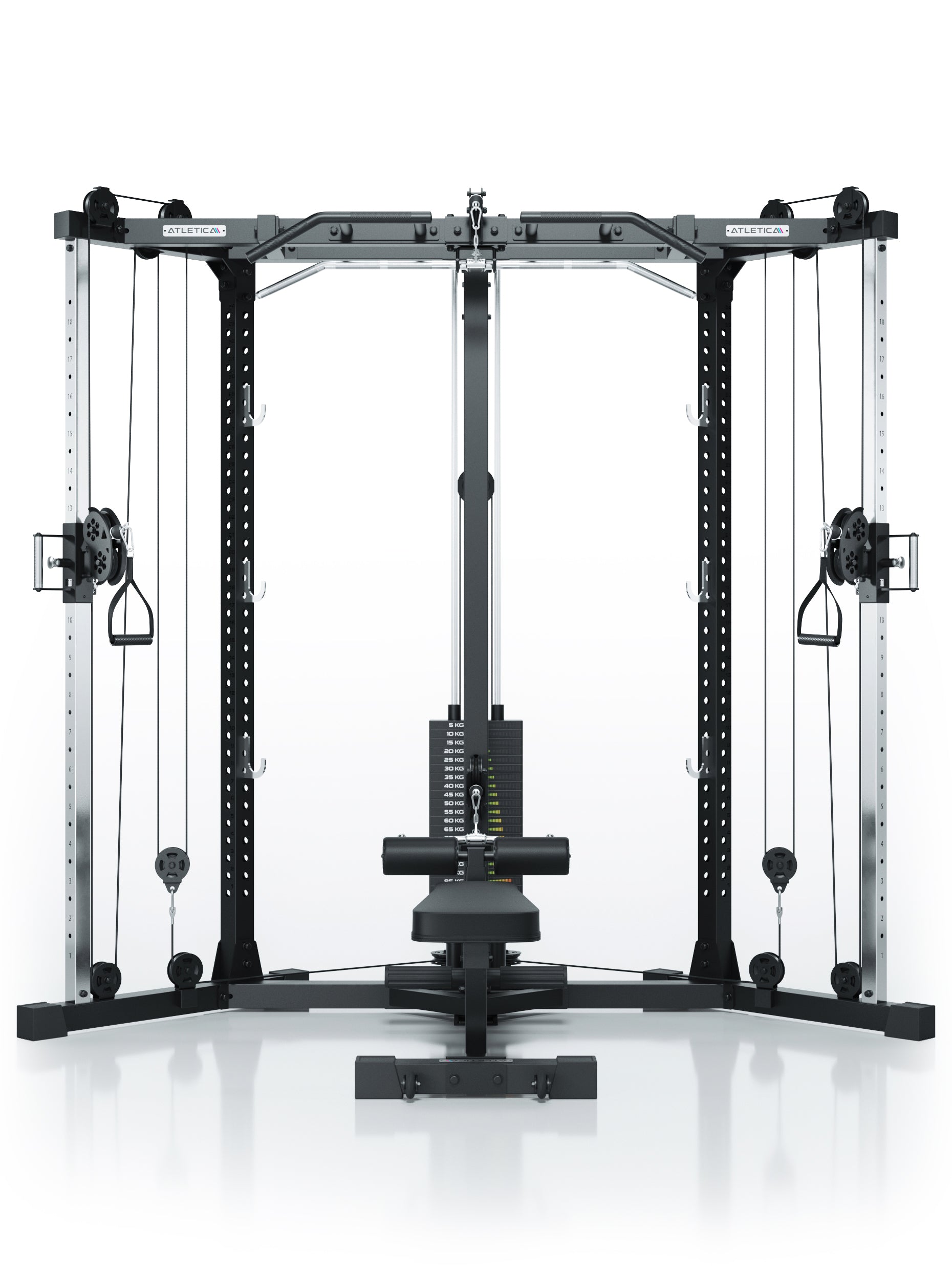 Kabelzugstation X-Tria mit Steckgewichten und Hantelbank: 