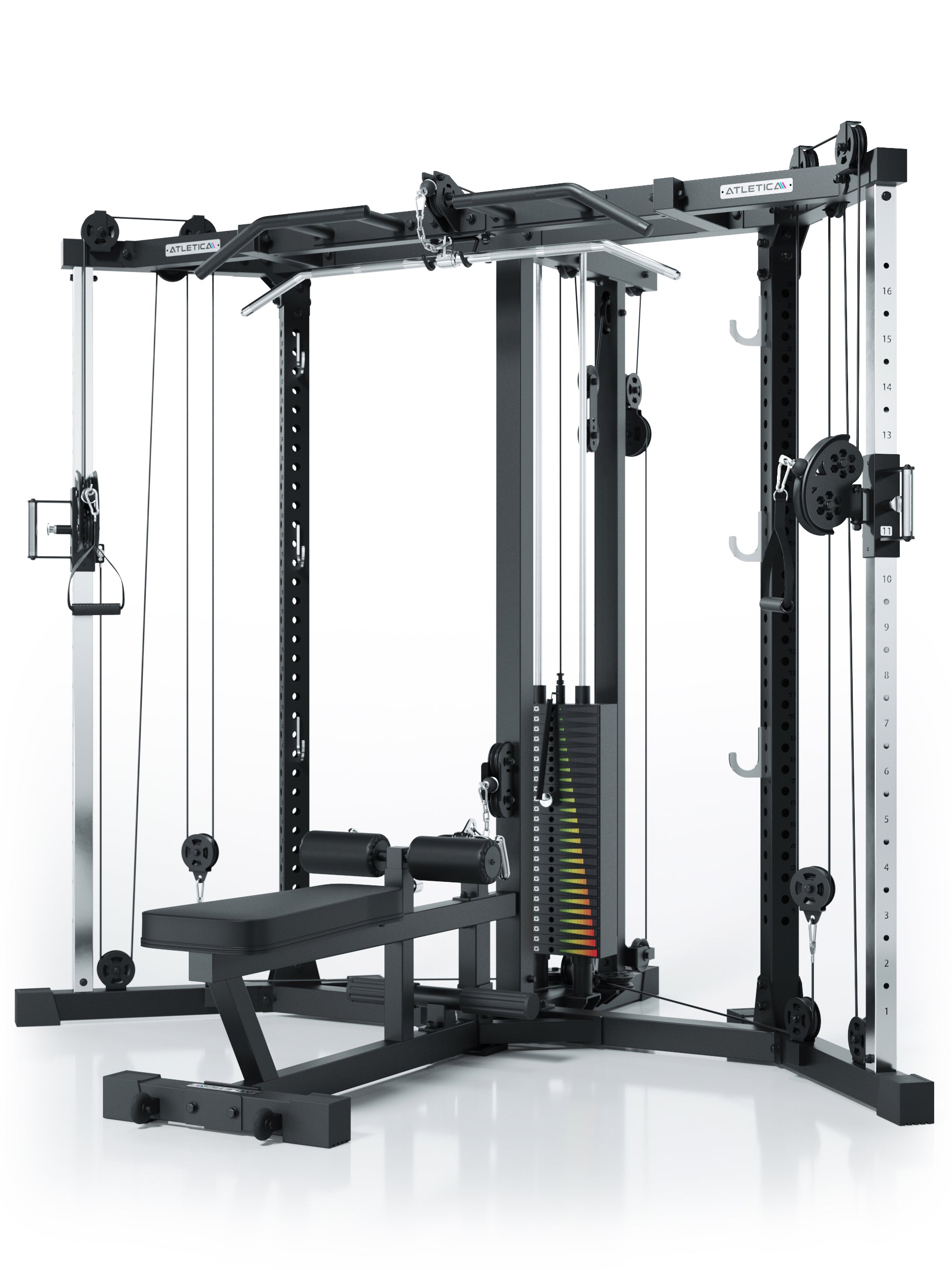 Kabelzugstation für dein Home Gym mit Steckgewichten und
abnehmbarer Hantelbank: 