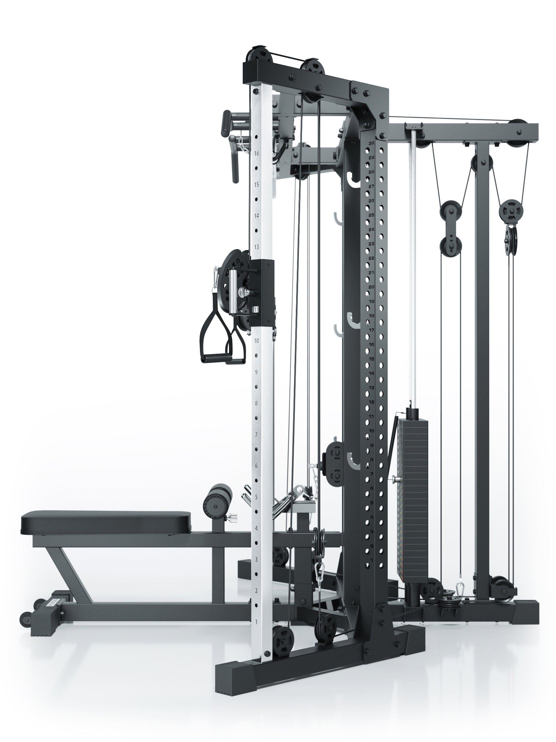 Kabelzugstation X-TRIA mit Steckgewichten, als Eck-Lösung für maximale Raumeffizienz: 