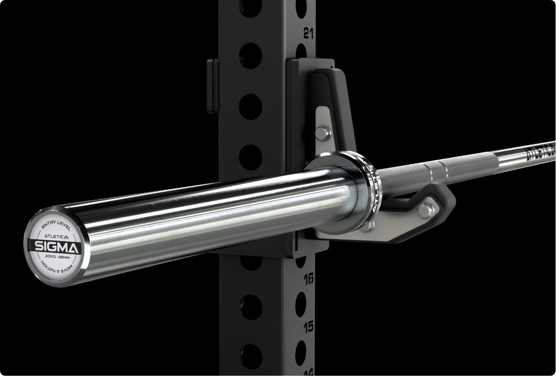 Hantelstange Sigma: 2200 mm Länge, 20 kg Gewicht und bis zu 500 kg Belastbarkeit und einem Griffdurchmesser von 28 mm