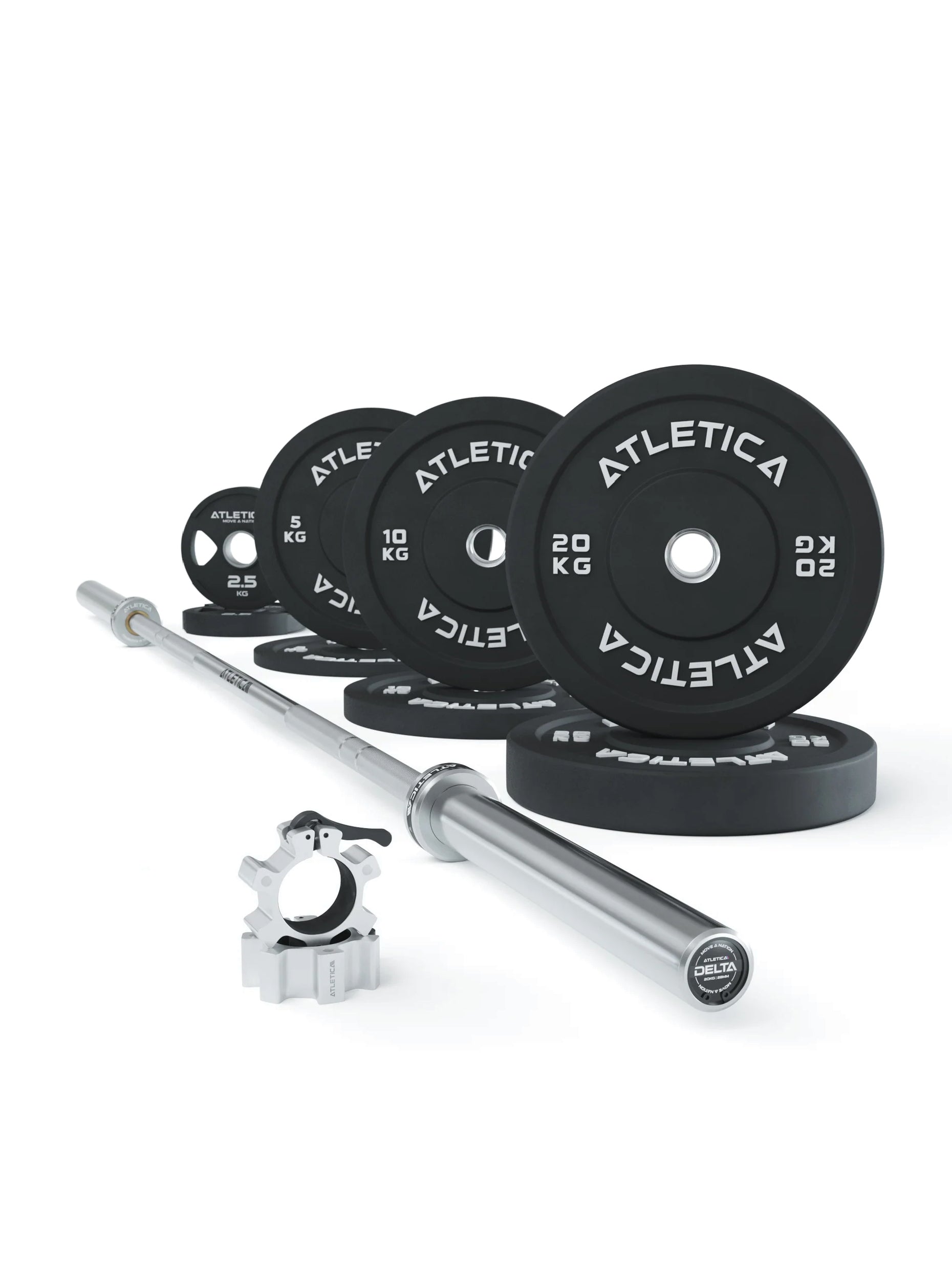 ATLETICA Langhantel Set | Delta HighRep Set: Powerlifting Gamma Hantelstange | 190kg Color Bumper Plates | Pro Collars | Ideal für Kraftdreikampf-Übungen | Ø 50 mm